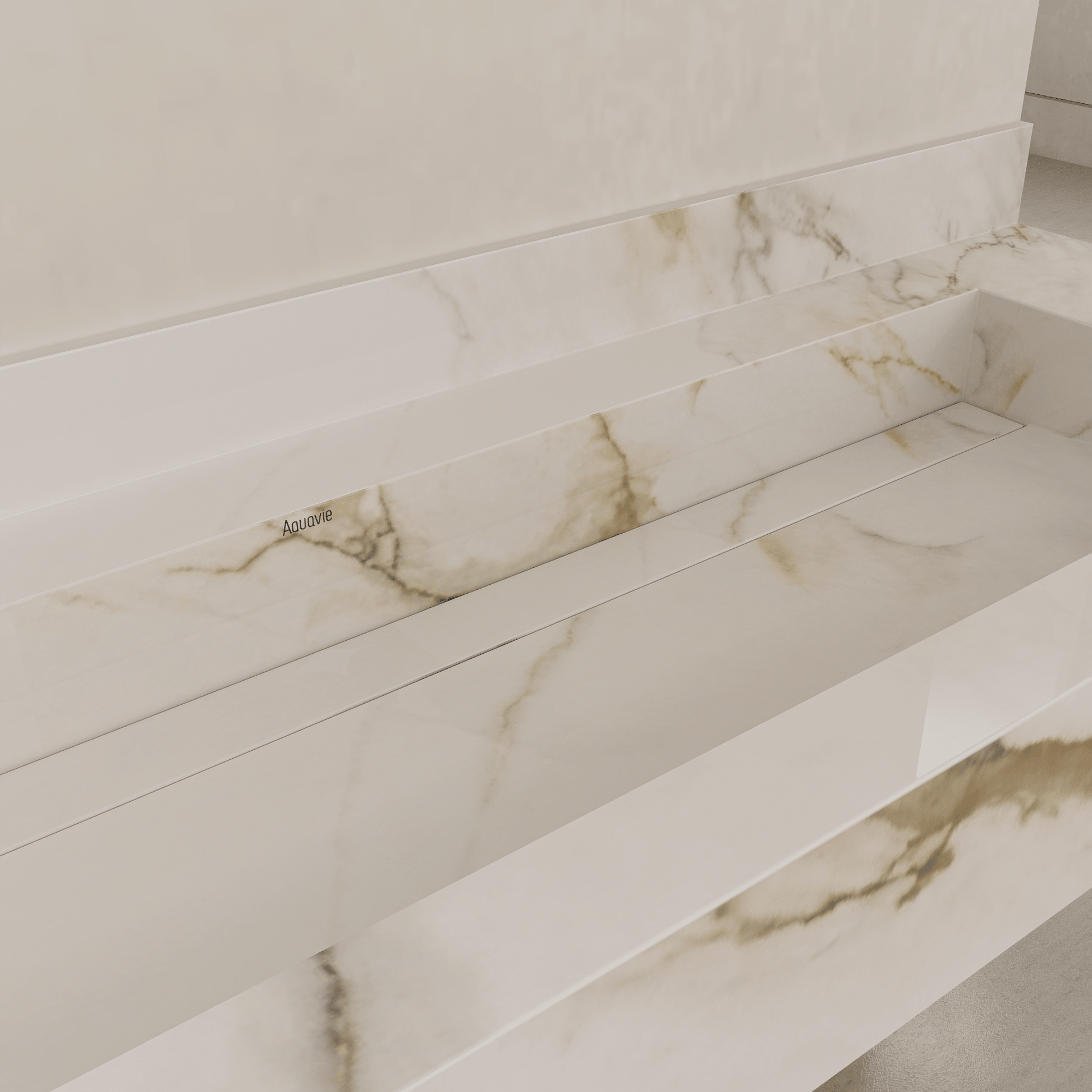Monolithic Floating Vanity & Integrated Top | Calacatta Gold Sintered Stone Double Trough Sink (60" / 71") - 60"