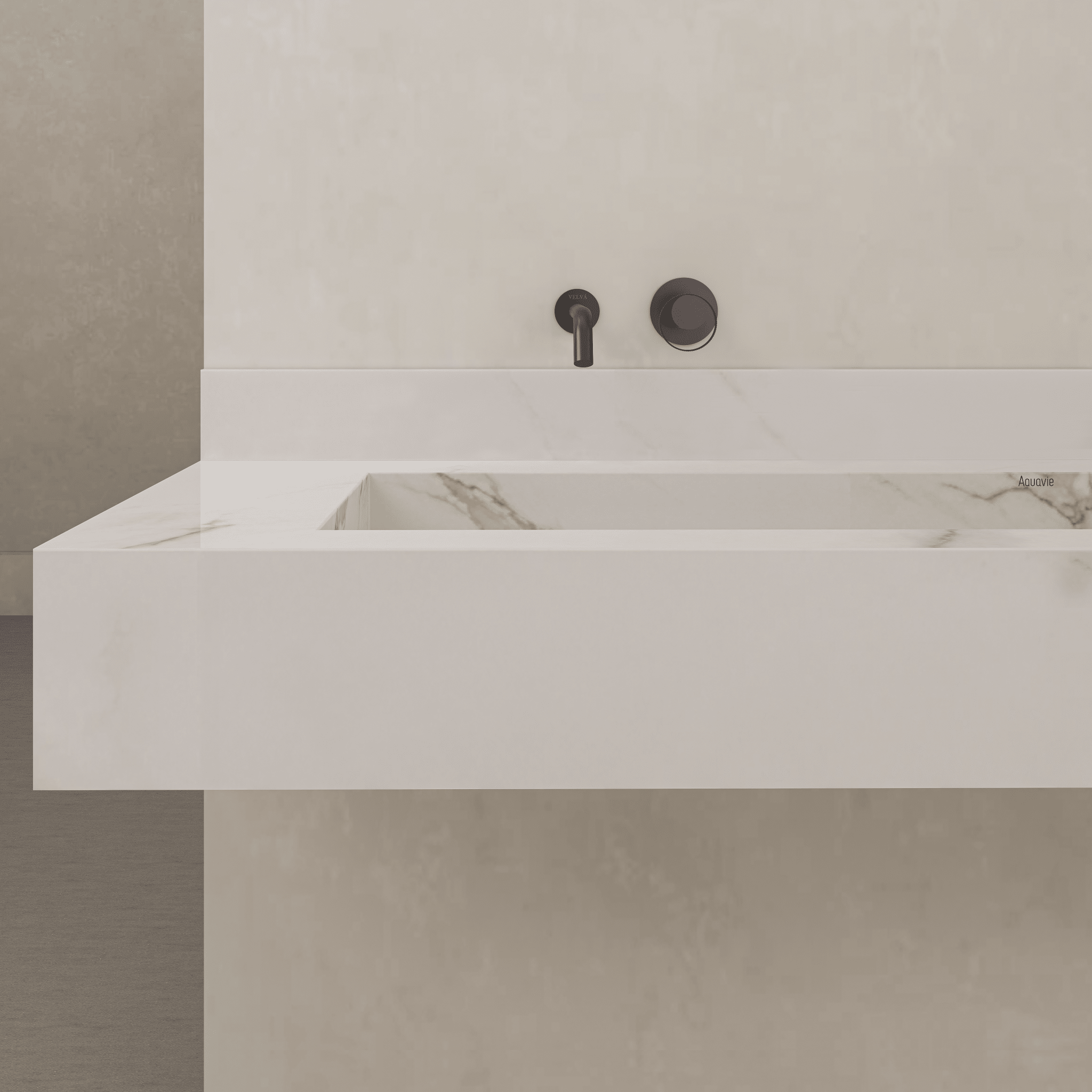 Monolithic Floating Vanity & Integrated Top | Calacatta Gold Sintered Stone Double Trough Sink (60" / 71") - 60"
