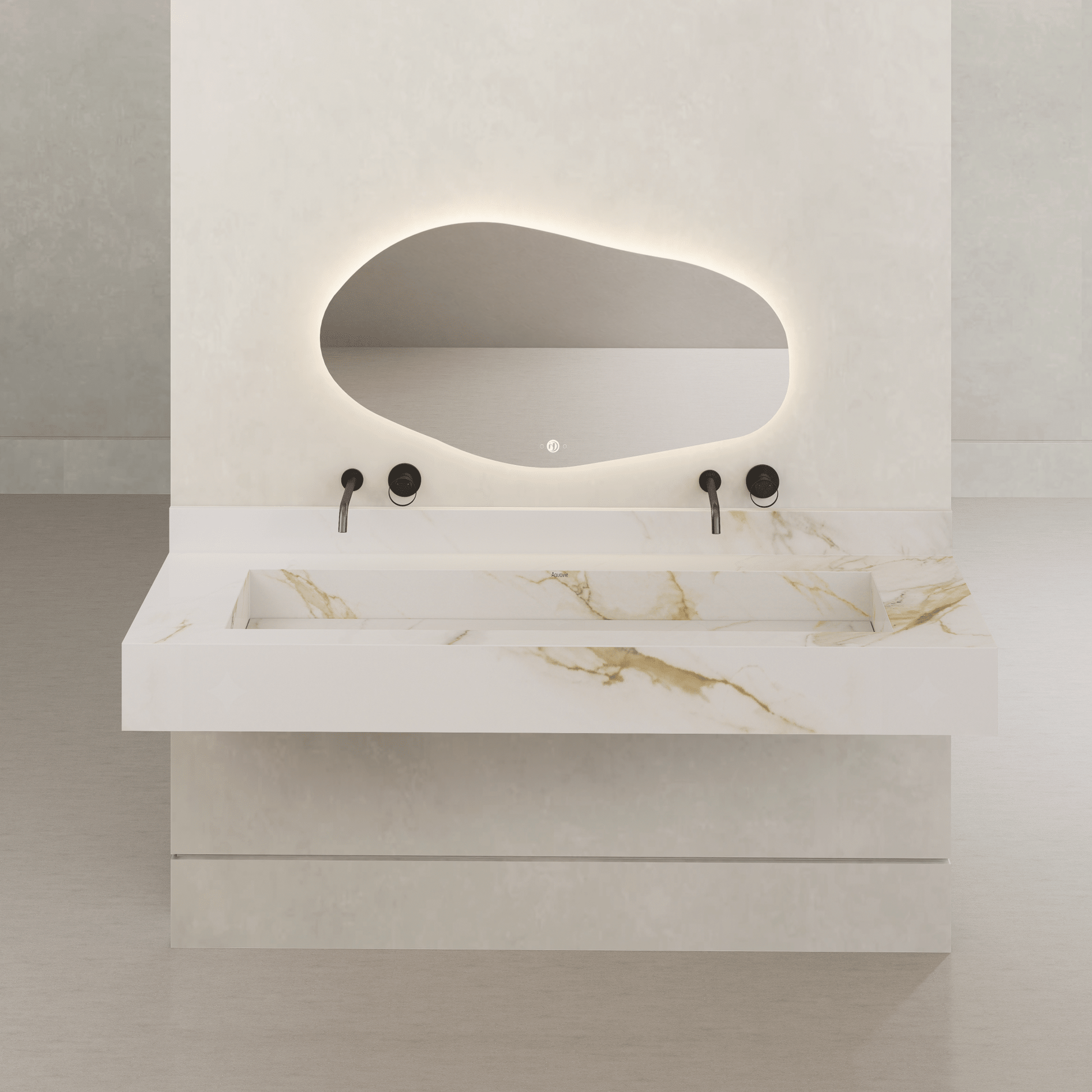 Monolithic Floating Vanity & Integrated Top | Calacatta Gold Sintered Stone Double Trough Sink (60" / 71") - 60"