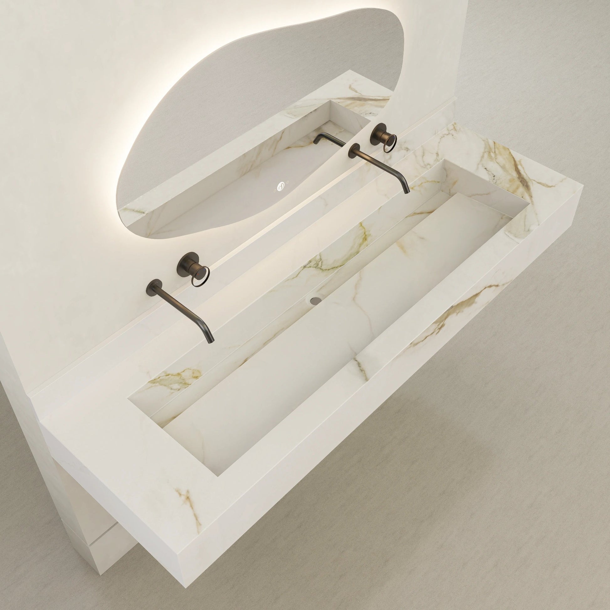 Monolithic Floating Vanity & Integrated Top | Calacatta Gold Sintered Stone Double Trough Sink (60" / 71") - 60"