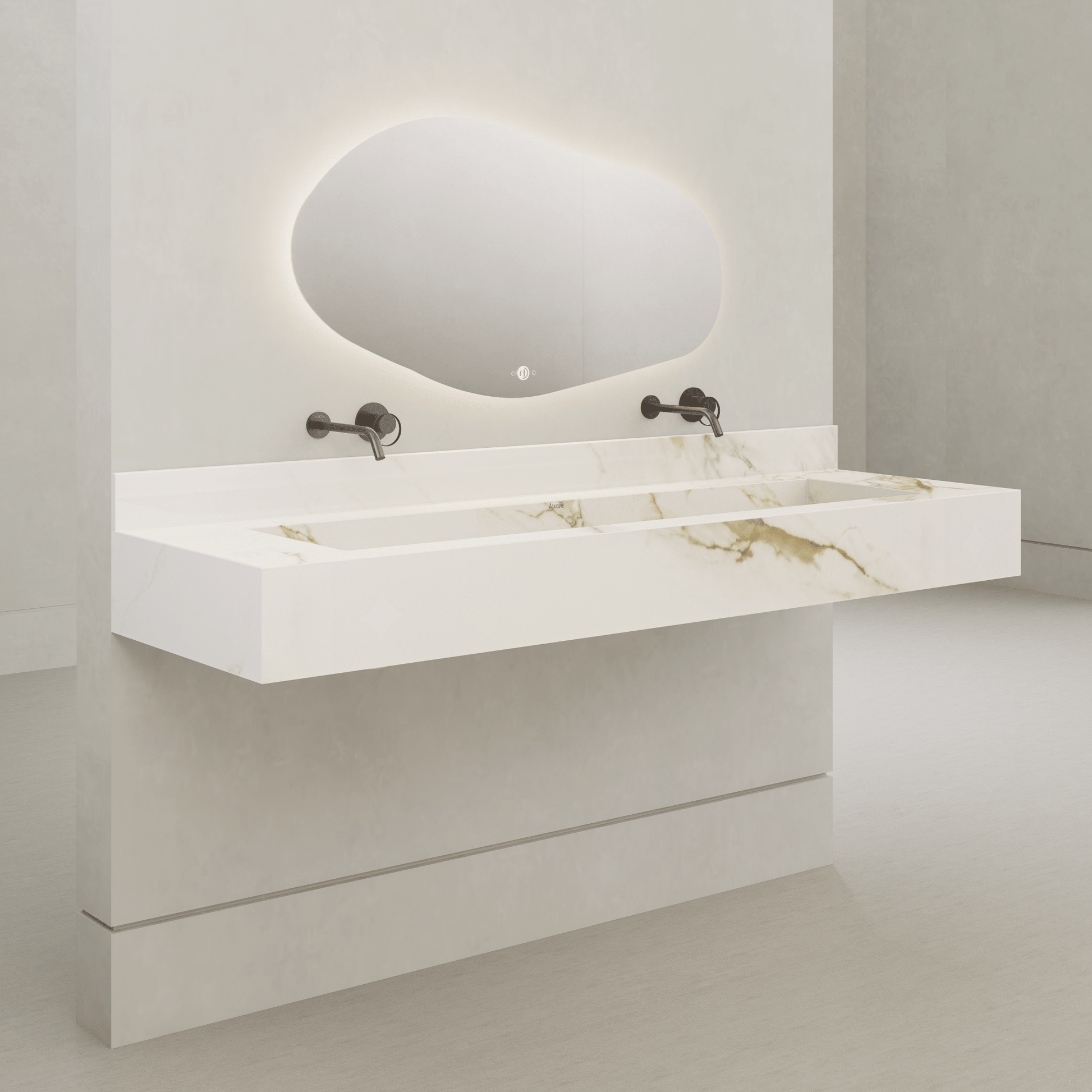 Monolithic Floating Vanity & Integrated Top | Calacatta Gold Sintered Stone Double Trough Sink (60" / 71") - 60"