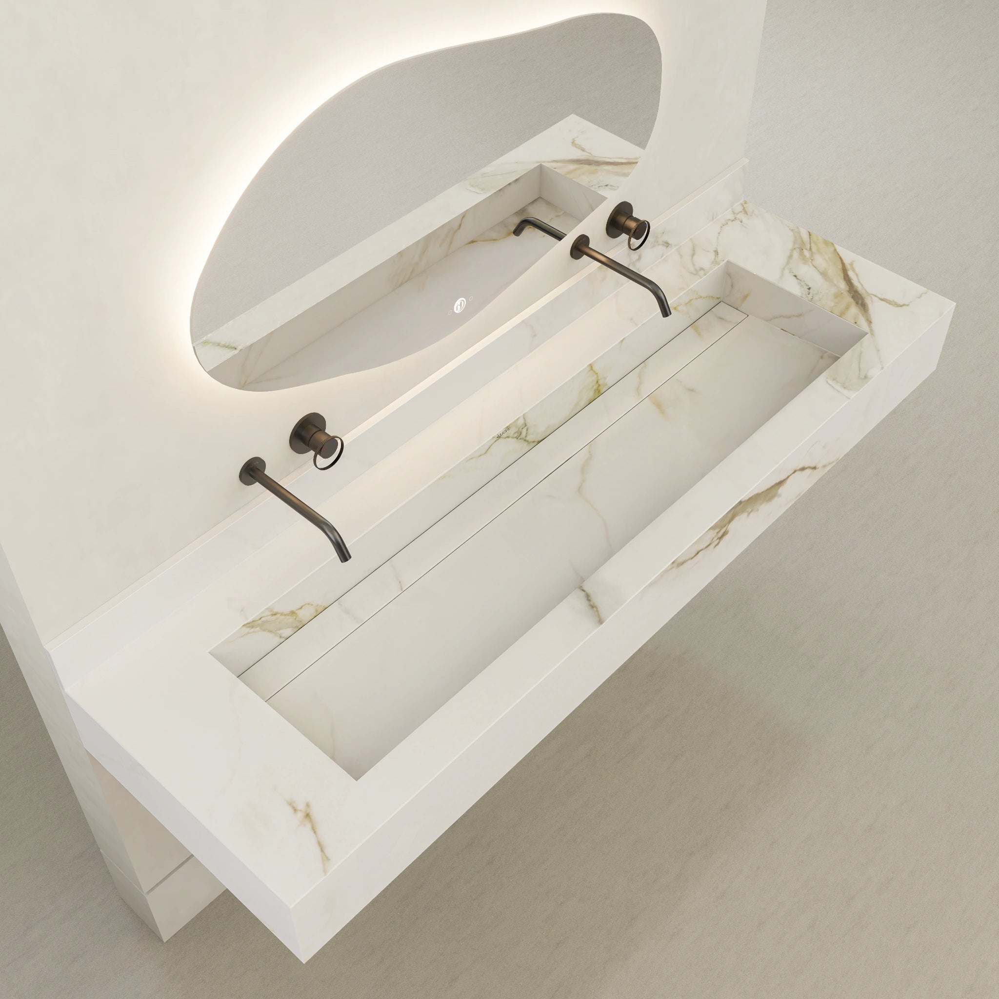 Monolithic Floating Vanity & Integrated Top | Calacatta Gold Sintered Stone Double Trough Sink (60" / 71") - 60"