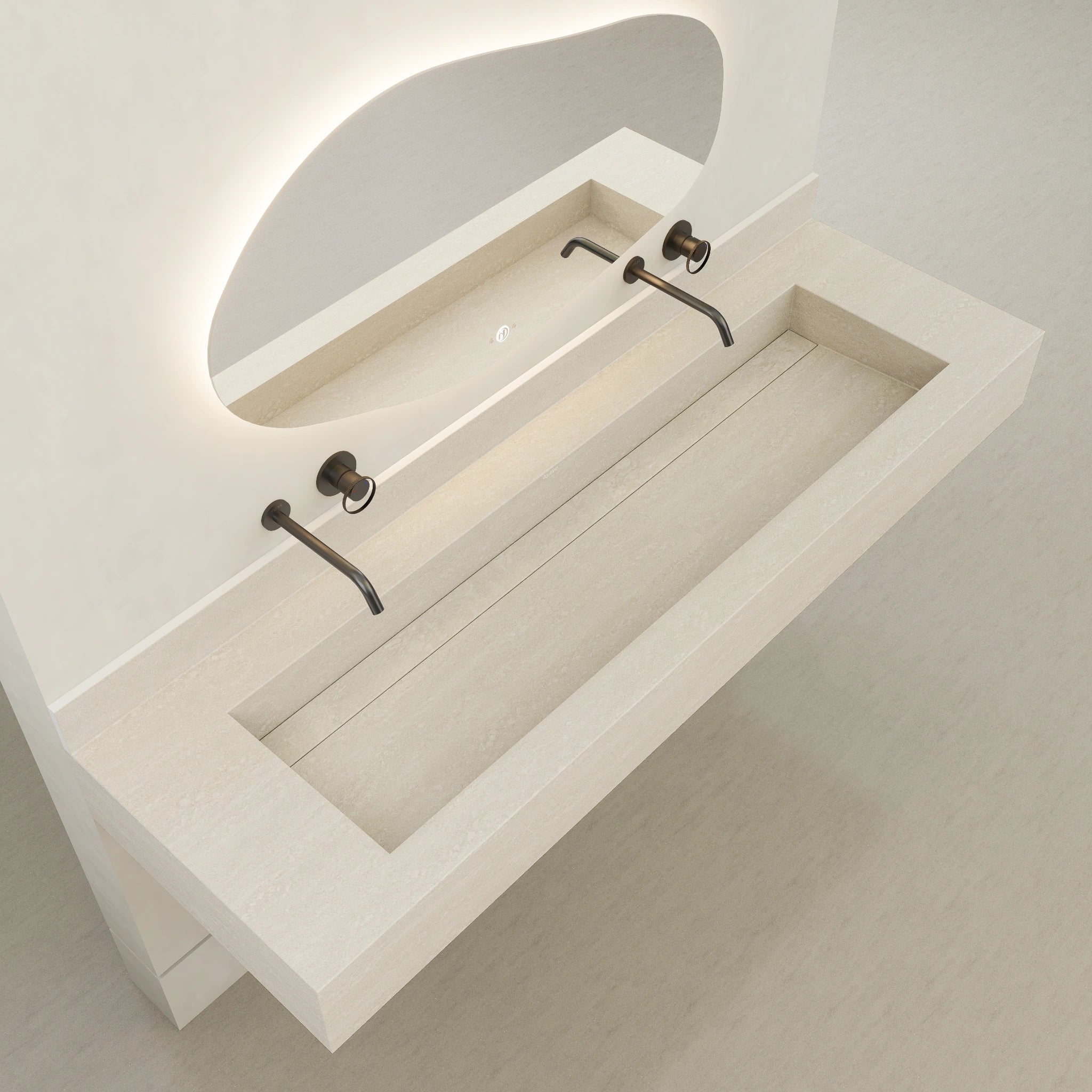 Monolithic Floating Vanity & Integrated Top | Ivory Sand Travertine Sintered Stone Double Trough Sink (60" / 71") - 60"