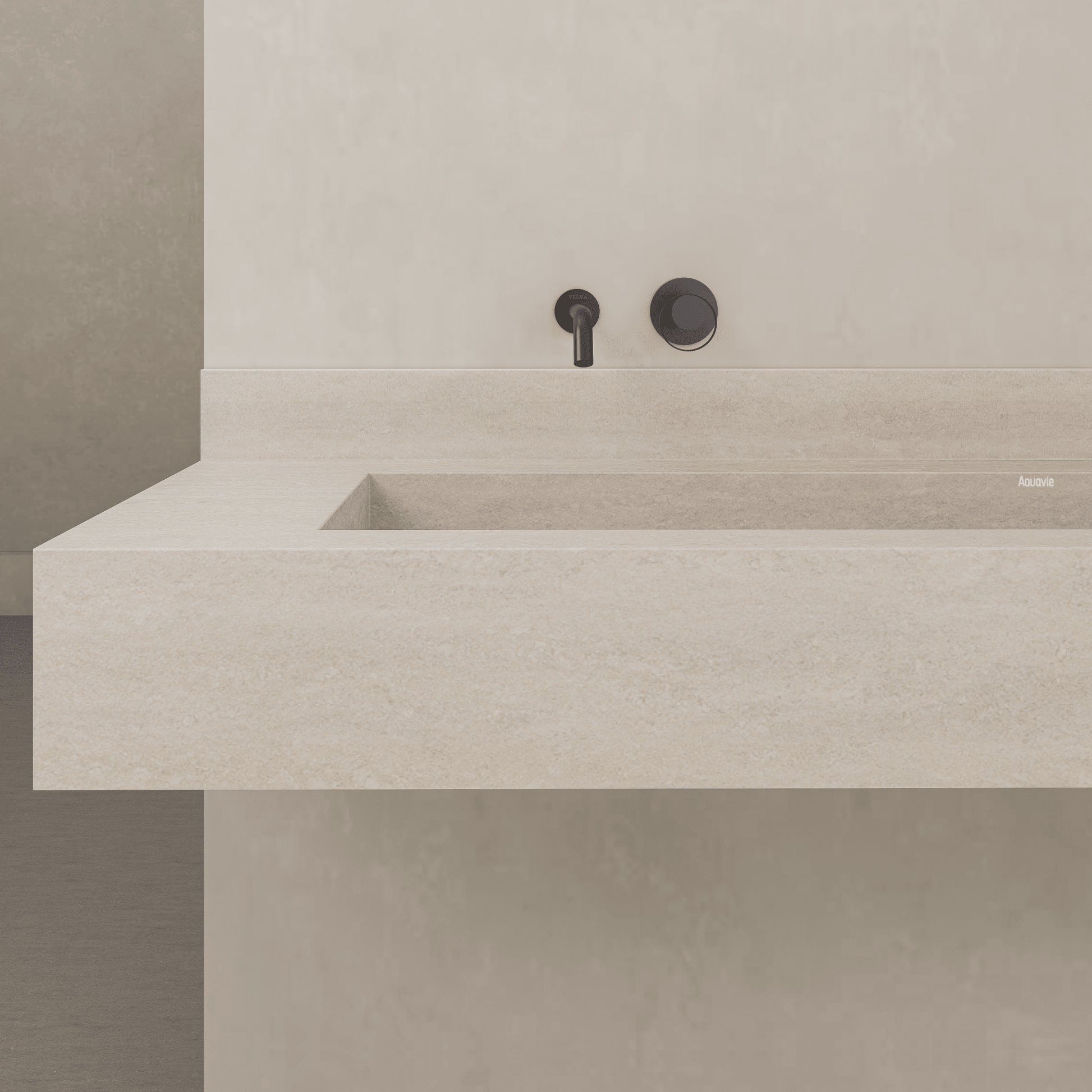 Monolithic Floating Vanity & Integrated Top | Ivory Sand Travertine Sintered Stone Double Trough Sink (60" / 71") - 60"