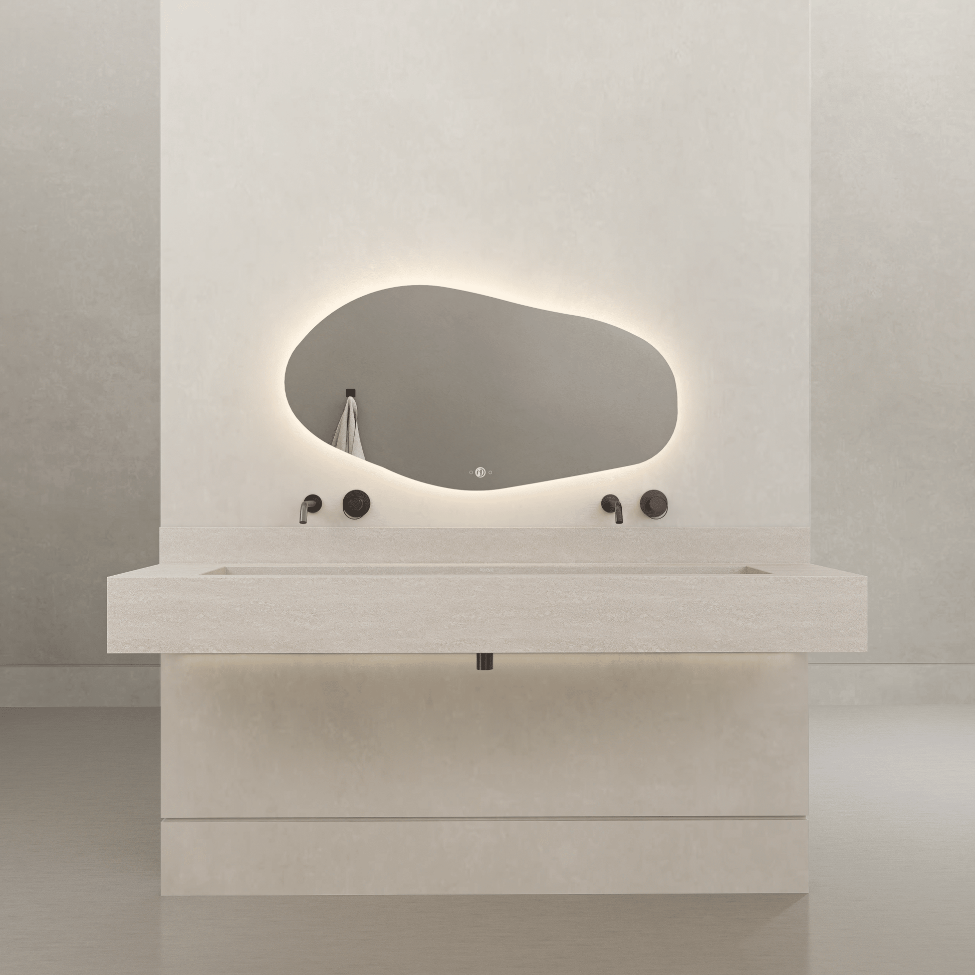 Monolithic Floating Vanity & Integrated Top | Ivory Sand Travertine Sintered Stone Double Trough Sink (60" / 71") - 60"