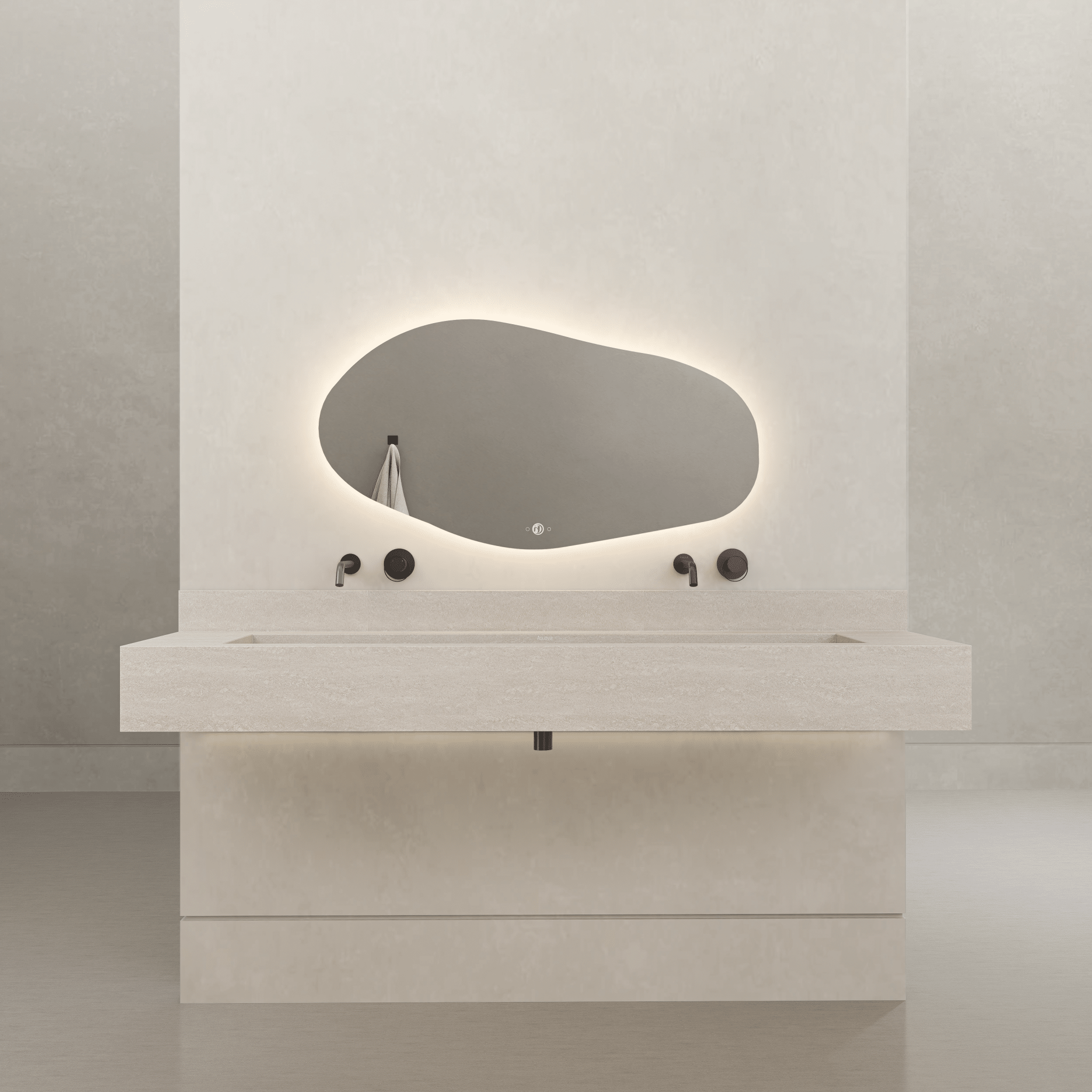 Monolithic Floating Vanity & Integrated Top | Ivory Sand Travertine Sintered Stone Double Trough Sink (60" / 71") - 60"