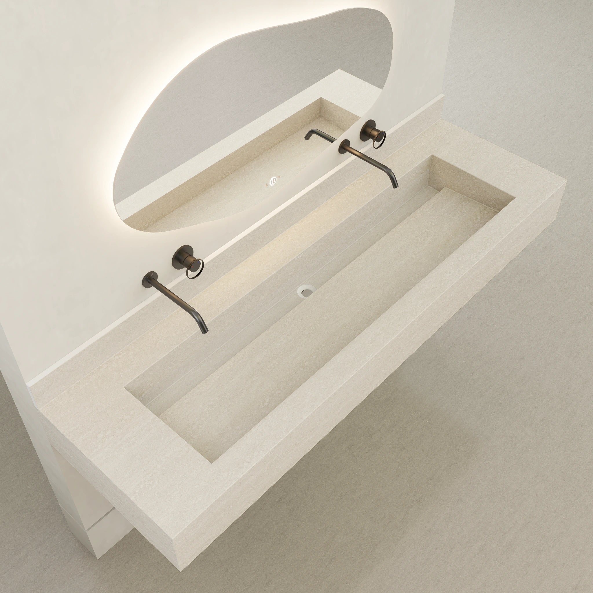 Monolithic Floating Vanity & Integrated Top | Ivory Sand Travertine Sintered Stone Double Trough Sink (60" / 71") - 60"