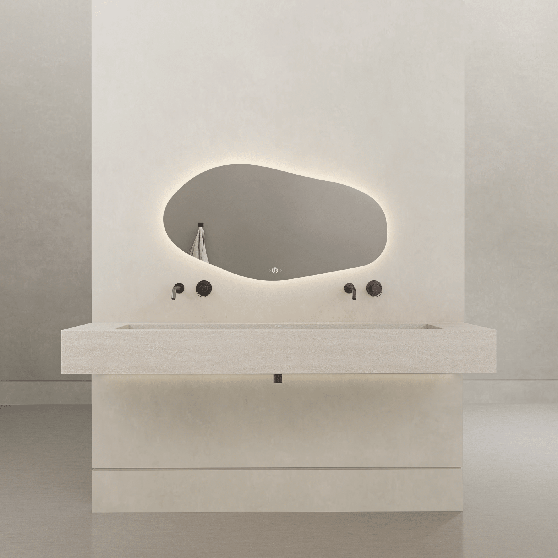 Monolithic Floating Vanity & Integrated Top | Ivory Sand Travertine Sintered Stone Double Trough Sink (60" / 71") - 60"