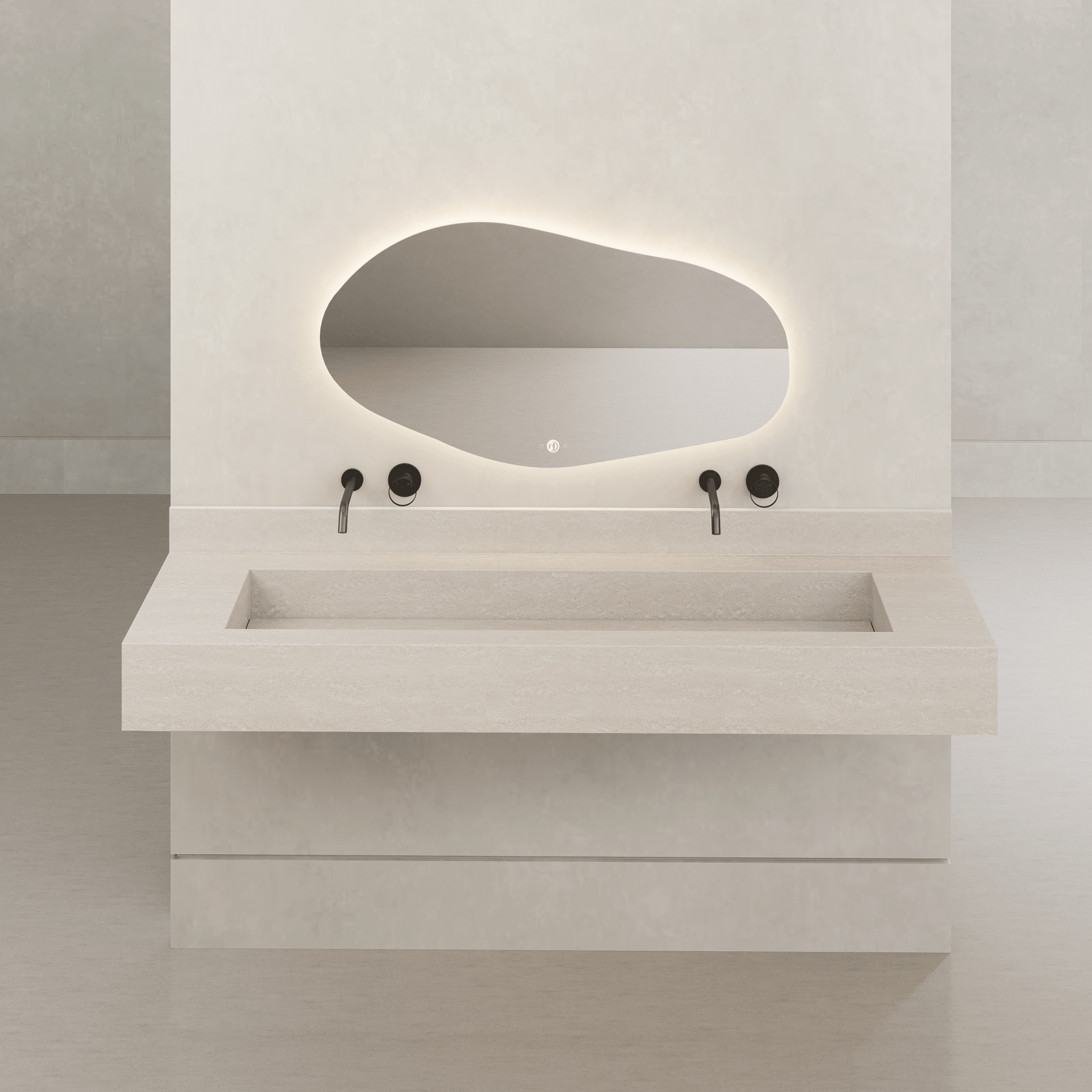 Monolithic Floating Vanity & Integrated Top | Ivory Sand Travertine Sintered Stone Double Trough Sink (60" / 71") - 60"