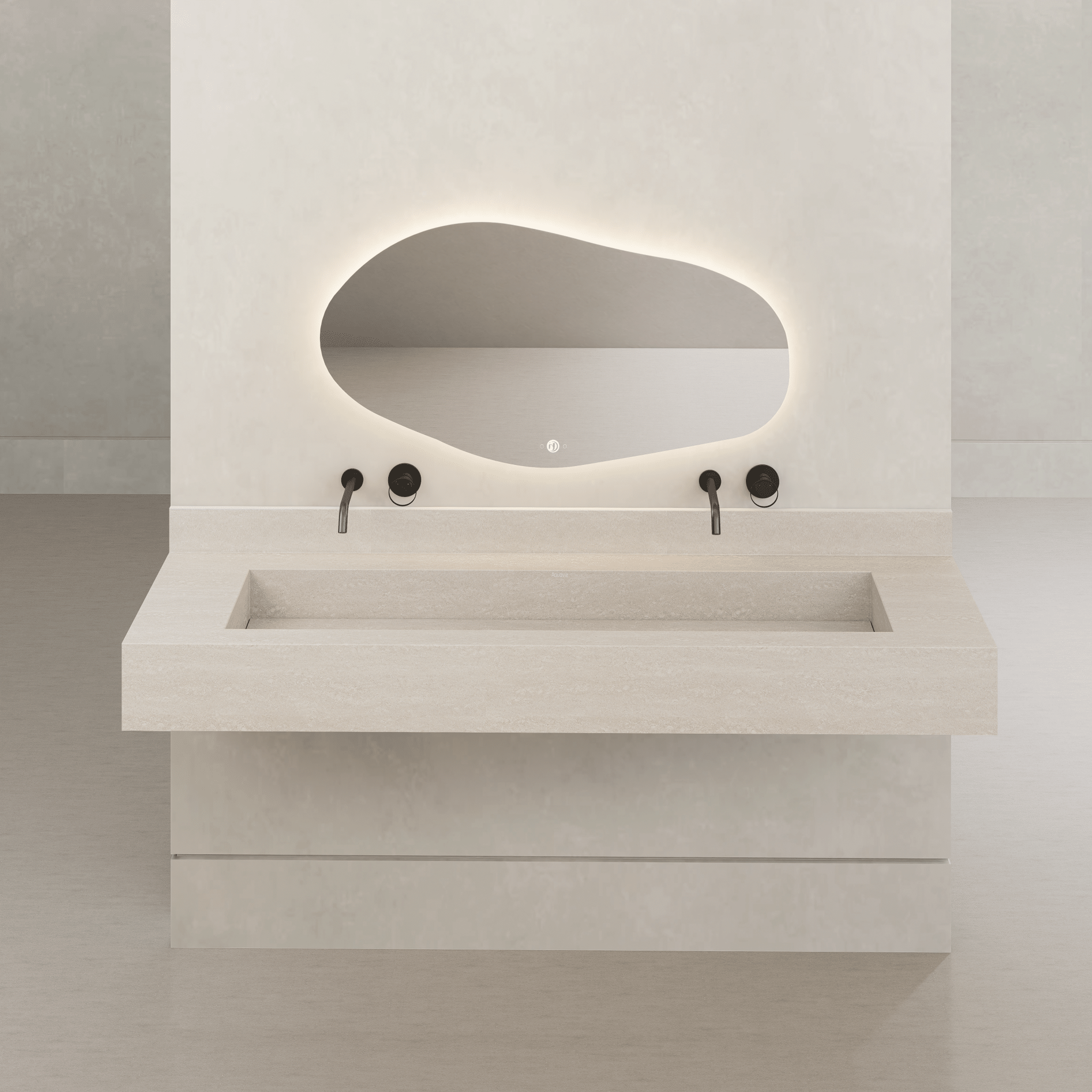 Monolithic Floating Vanity & Integrated Top | Ivory Sand Travertine Sintered Stone Double Trough Sink (60" / 71") - 60"