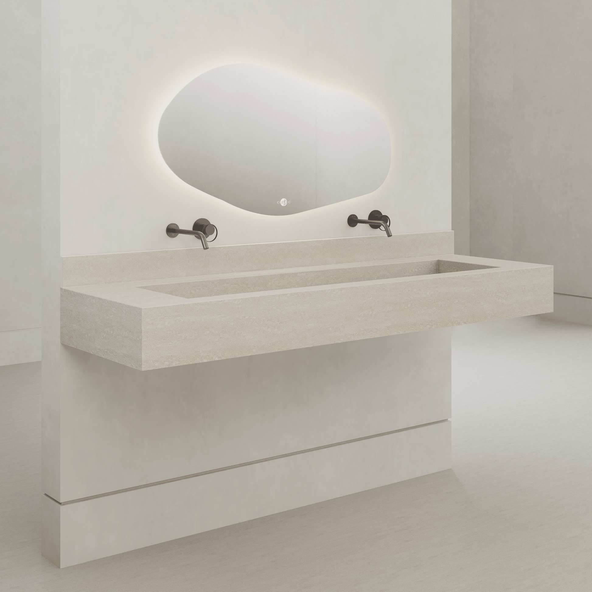 Monolithic Floating Vanity & Integrated Top | Ivory Sand Travertine Sintered Stone Double Trough Sink (60" / 71") - 60"