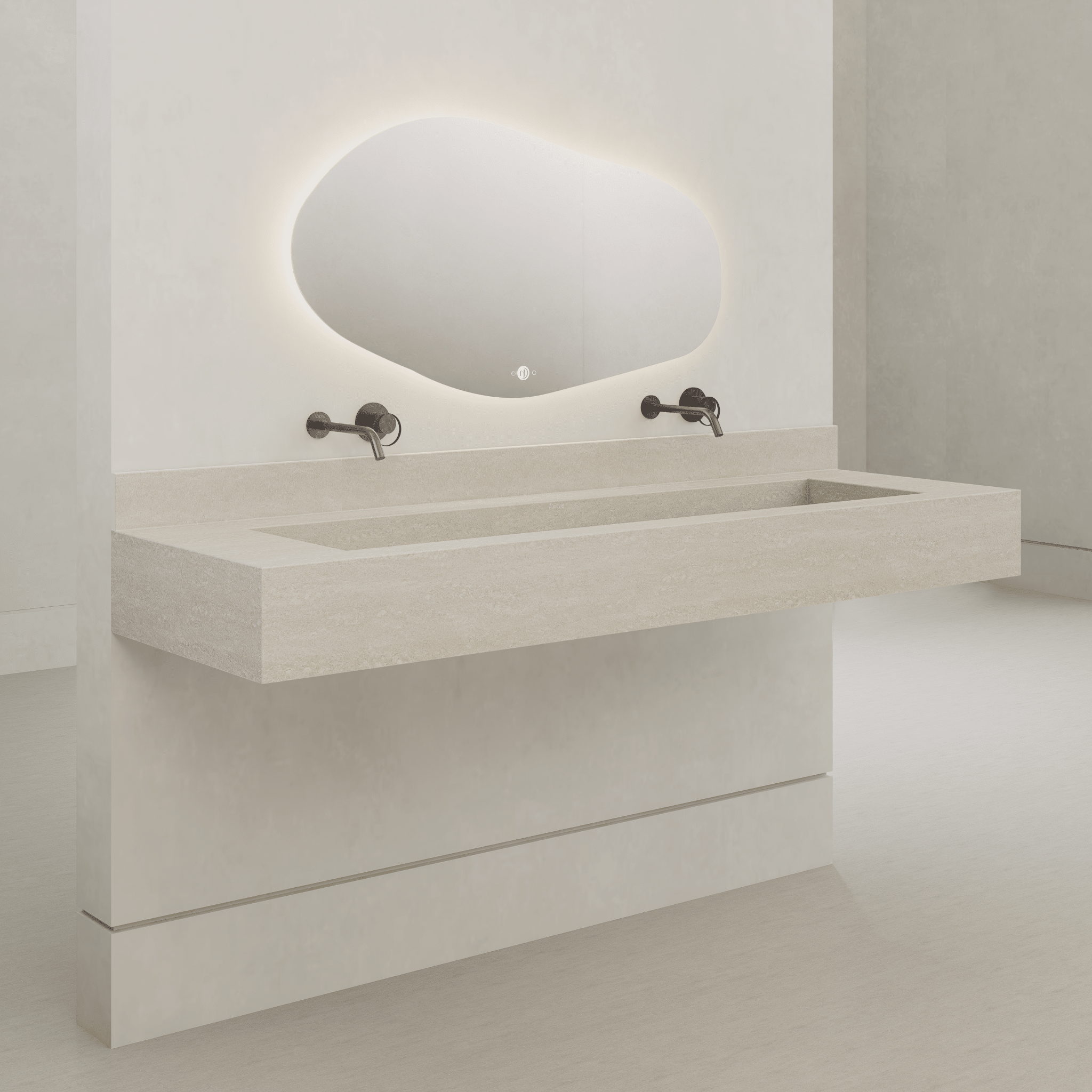 Monolithic Floating Vanity & Integrated Top | Ivory Sand Travertine Sintered Stone Double Trough Sink (60" / 71") - 60"