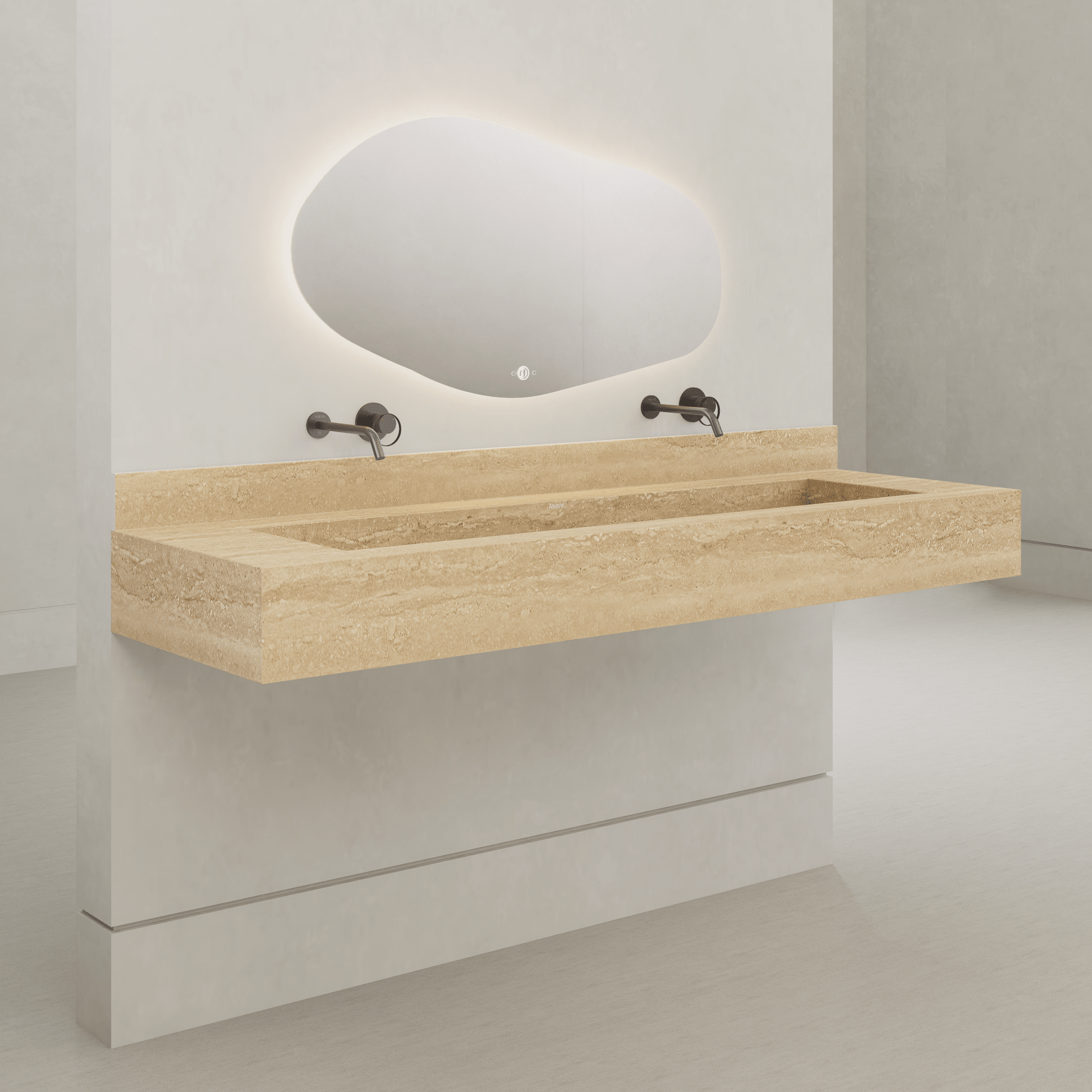Monolithic Floating Vanity & Integrated Top | Roman Travertine Sintered Stone Double Trough Sink (60" / 71") - 60"