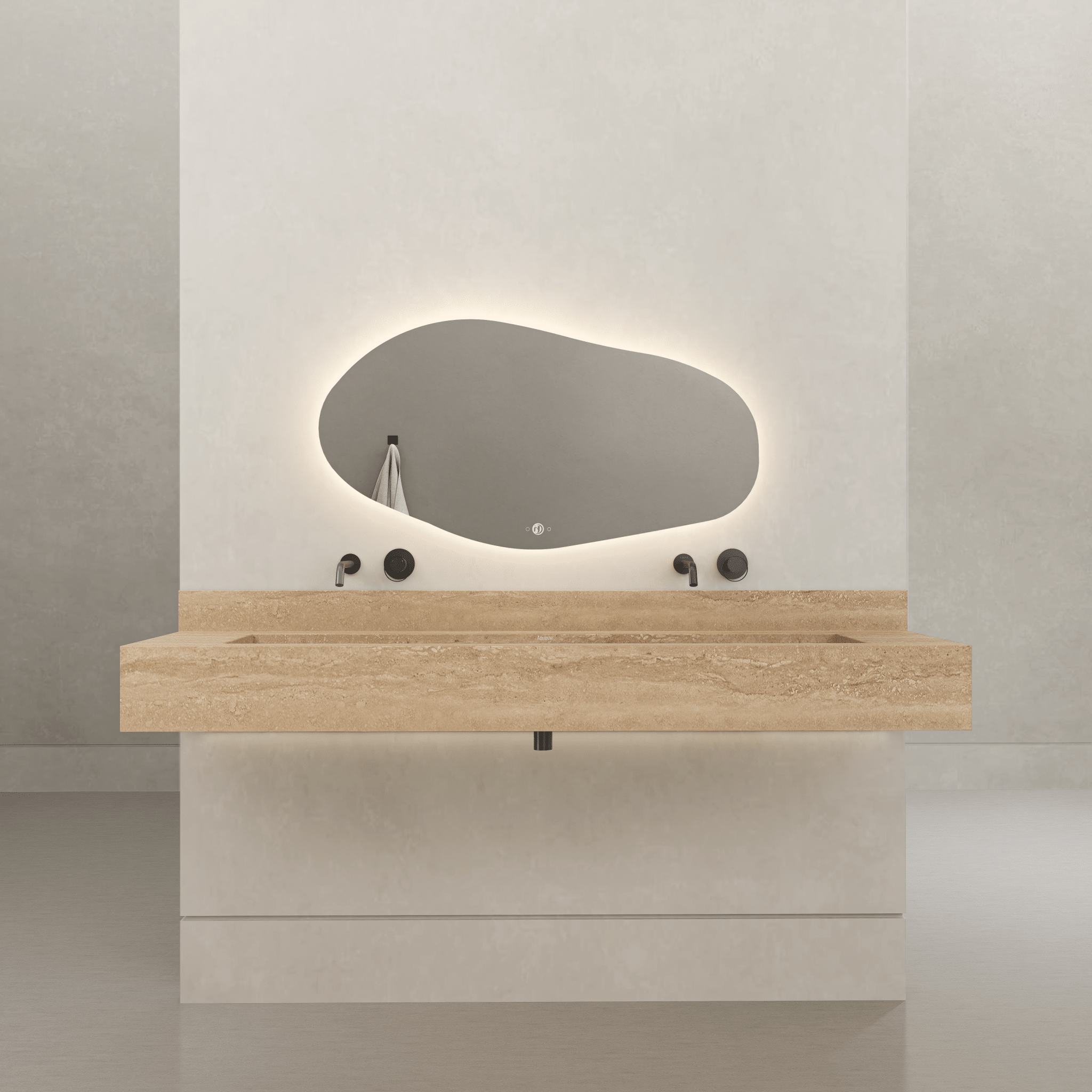 Monolithic Floating Vanity & Integrated Top | Roman Travertine Sintered Stone Double Trough Sink (60" / 71") - 60"
