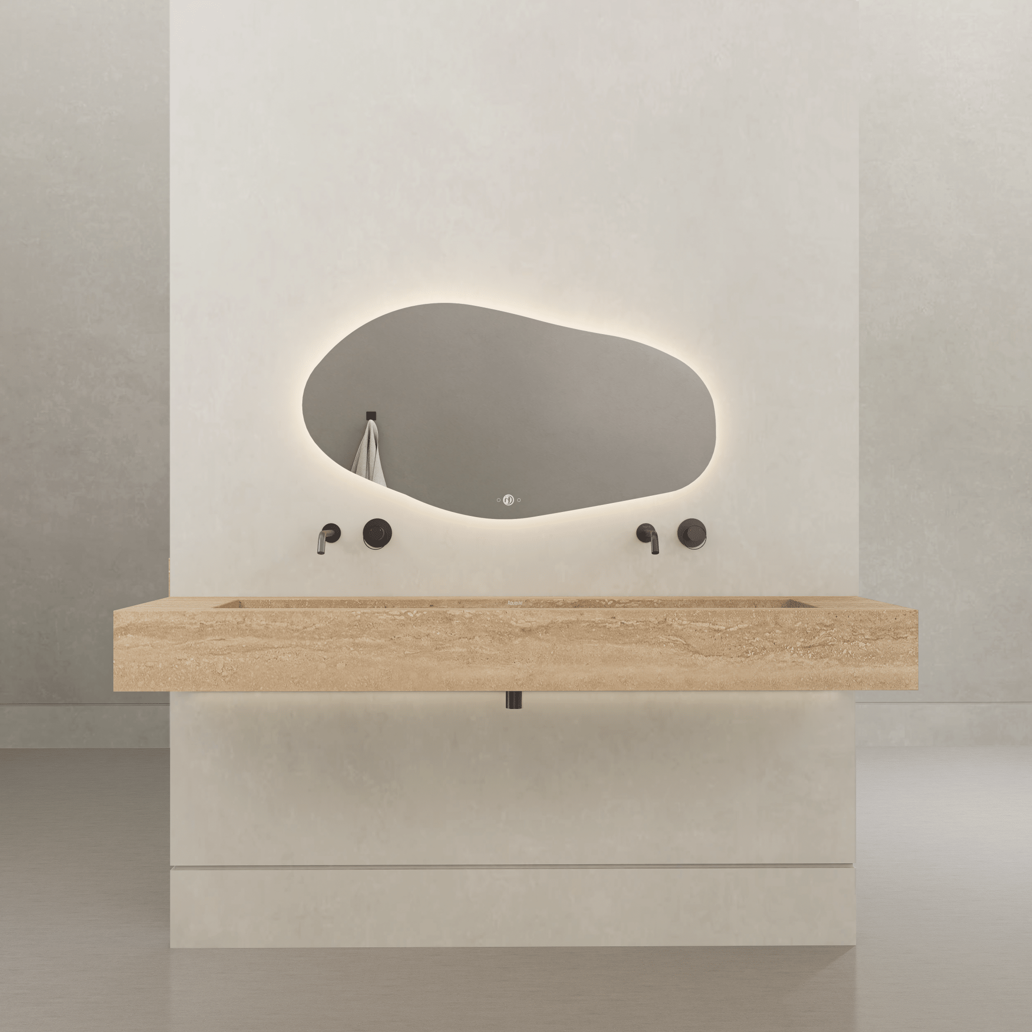 Monolithic Floating Vanity & Integrated Top | Roman Travertine Sintered Stone Double Trough Sink (60" / 71") - 60"