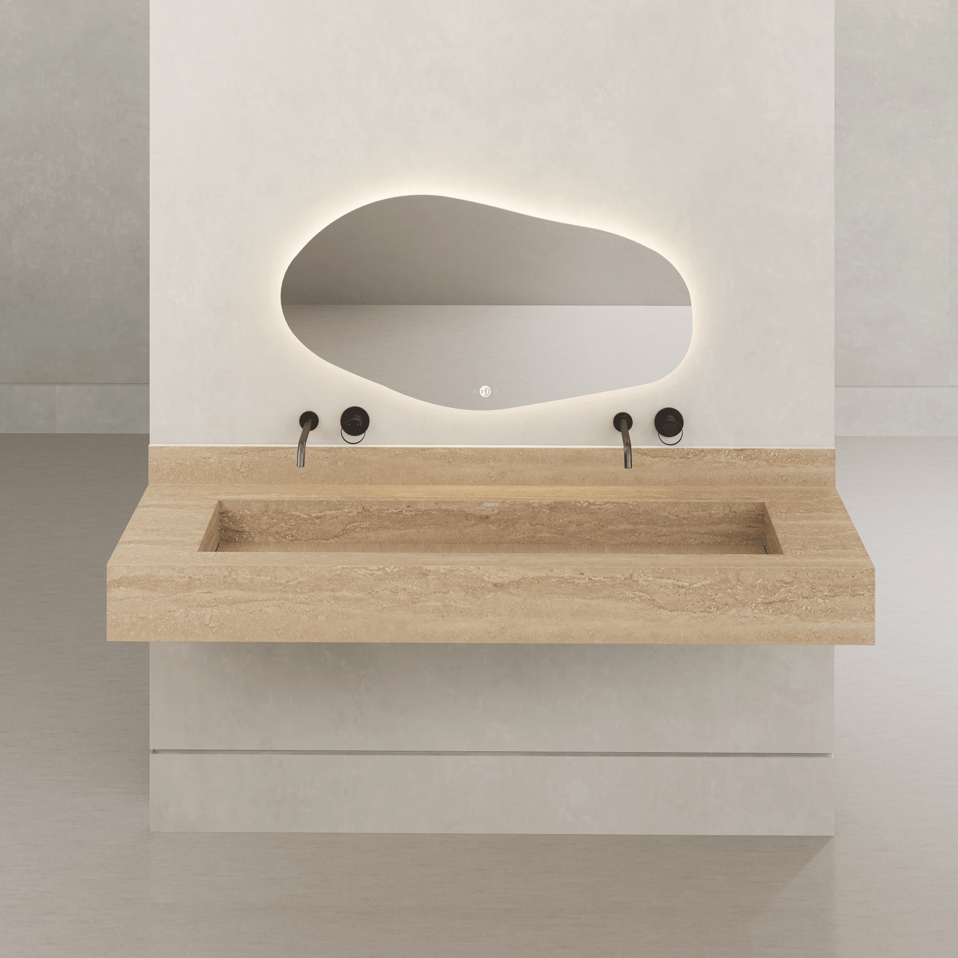 Monolithic Floating Vanity & Integrated Top | Roman Travertine Sintered Stone Double Trough Sink (60" / 71") - 60"
