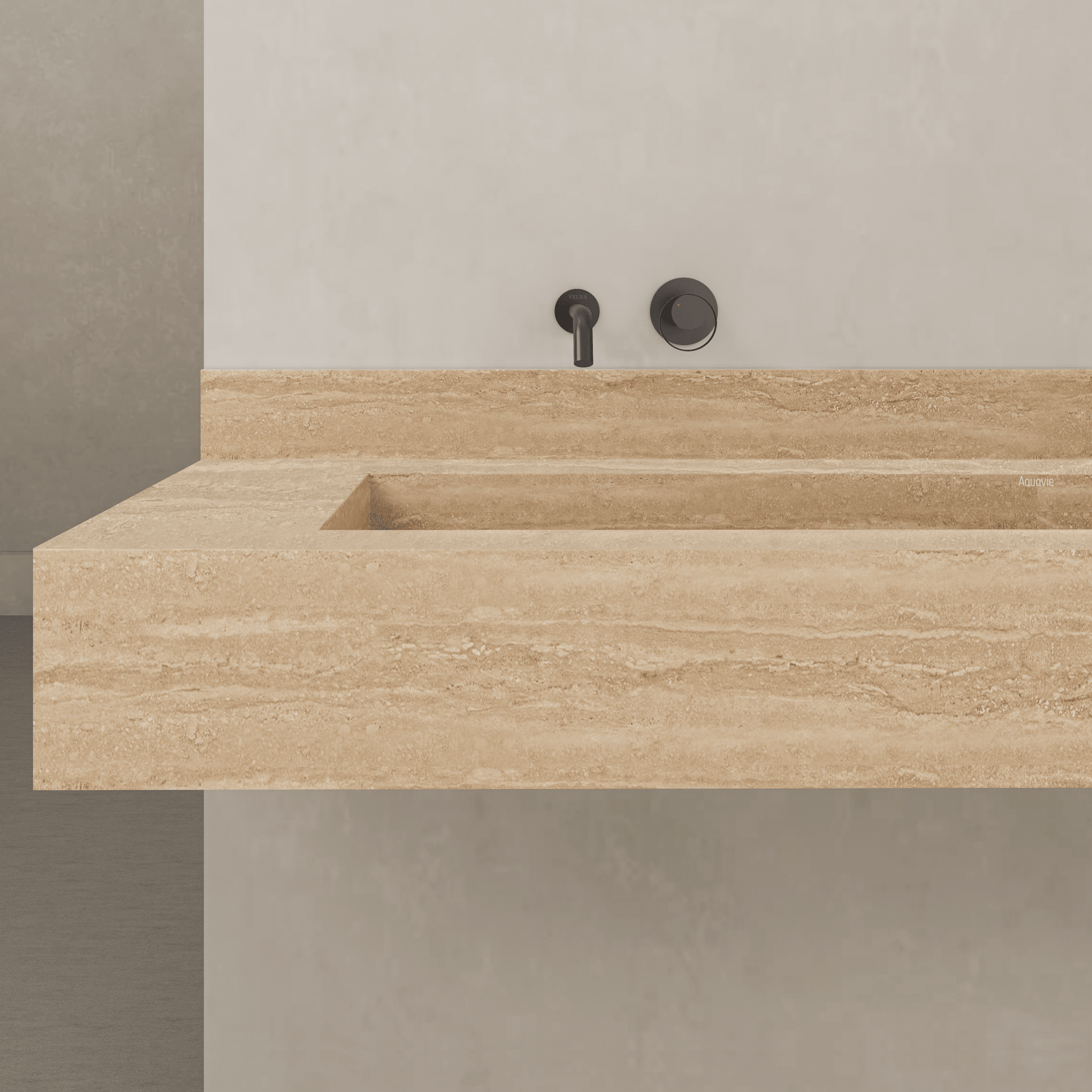 Monolithic Floating Vanity & Integrated Top | Roman Travertine Sintered Stone Double Trough Sink (60" / 71") - 60"