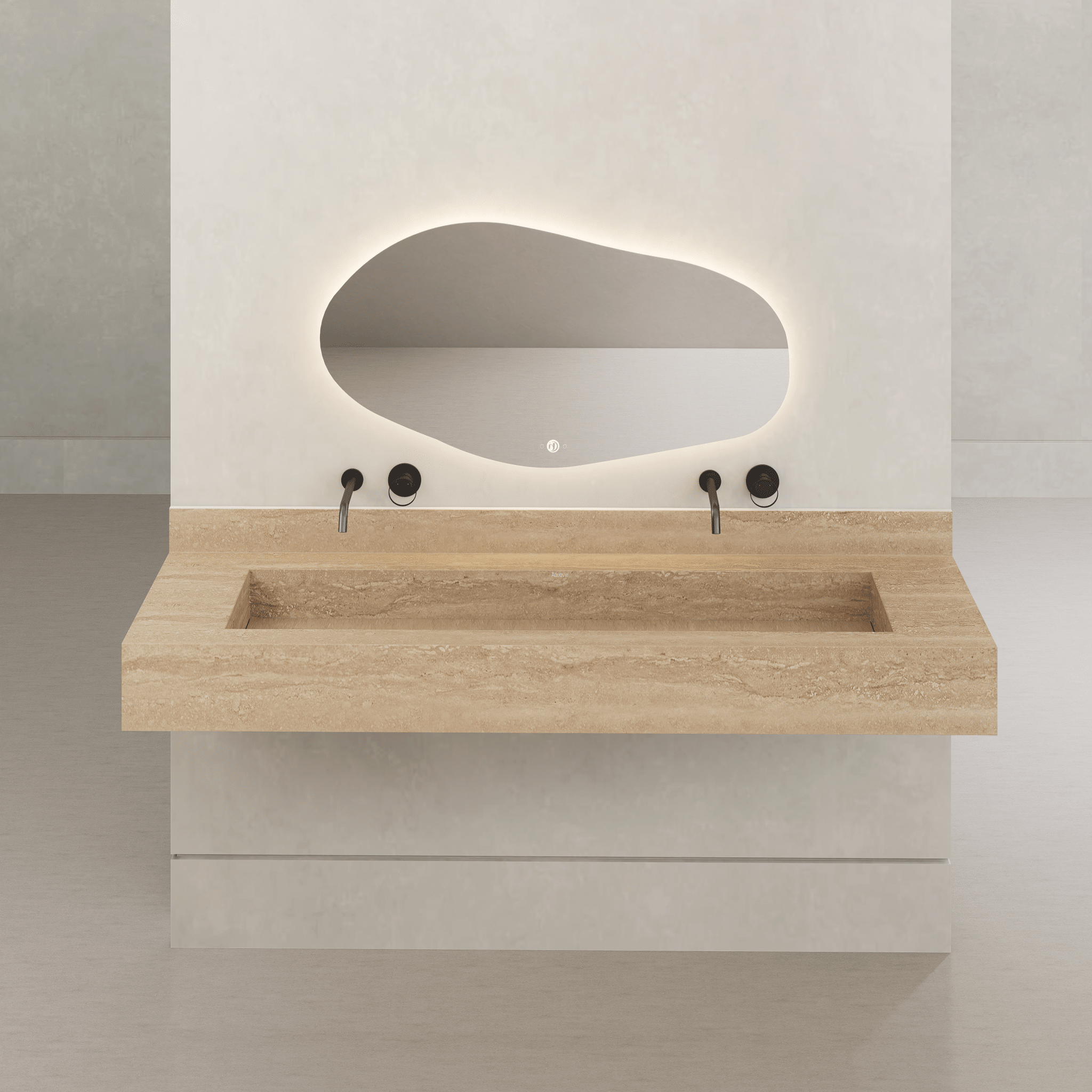 Monolithic Floating Vanity & Integrated Top | Roman Travertine Sintered Stone Double Trough Sink (60" / 71") - 60"