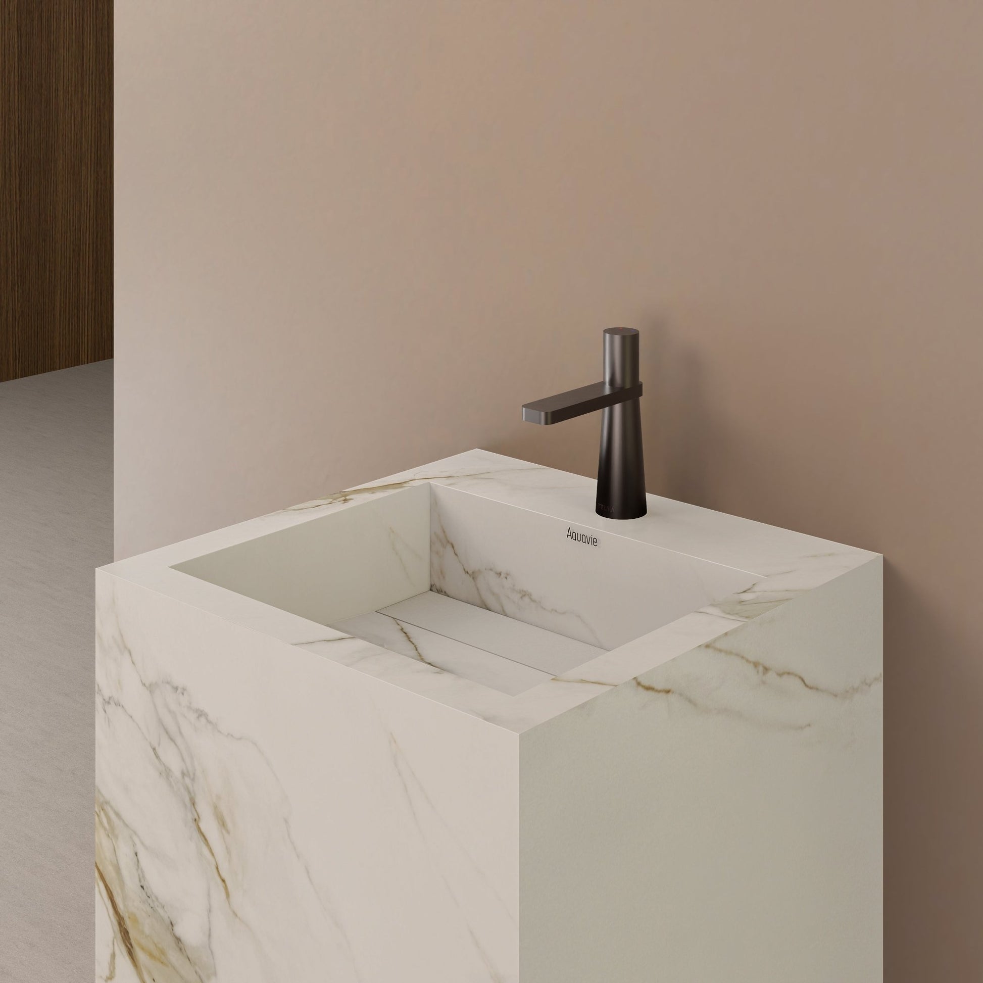 Monolithic Freestanding Pedestal Sink | Calacatta Gold Sintered Stone Ramp Basin with Hidden Drain -Vanity1 Hole (Deck-Mount)