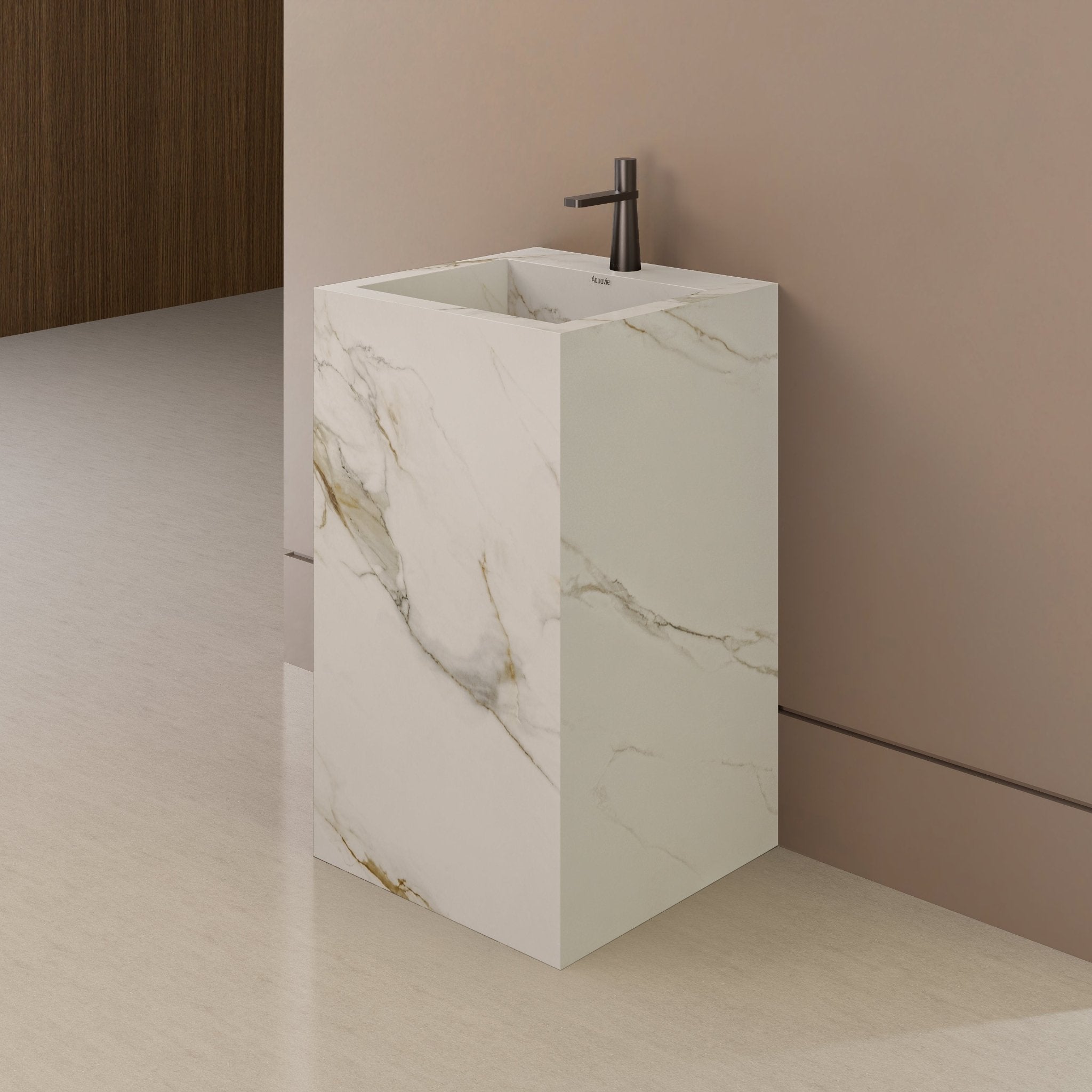 Monolithic Freestanding Pedestal Sink | Calacatta Gold Sintered Stone Ramp Basin with Hidden Drain -Vanity1 Hole (Deck-Mount)