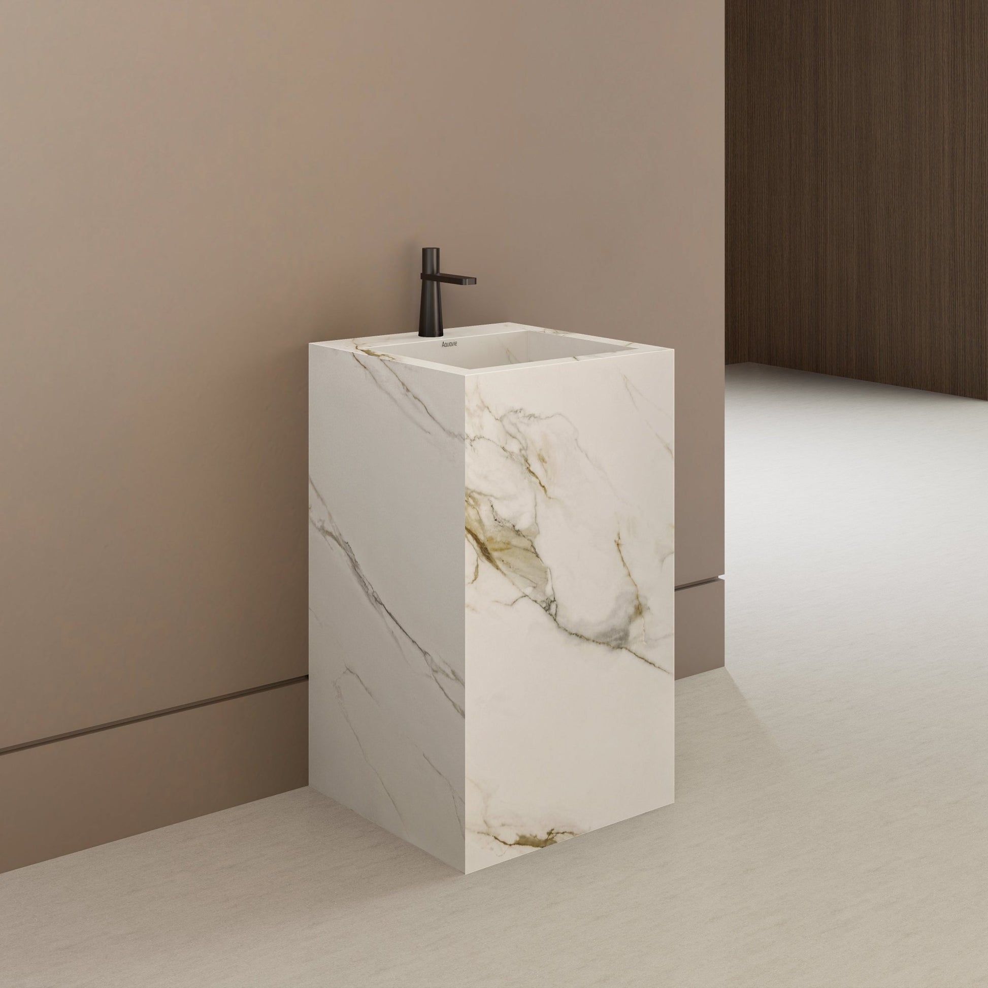 Monolithic Freestanding Pedestal Sink | Calacatta Gold Sintered Stone Ramp Basin with Hidden Drain -Vanity1 Hole (Deck-Mount)