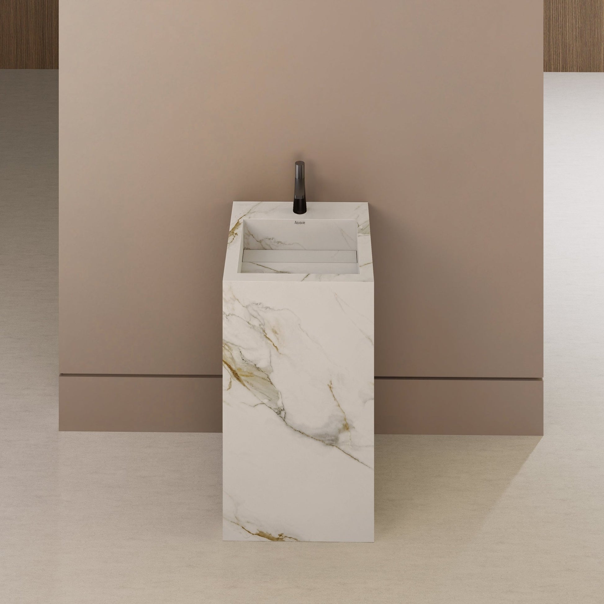 Monolithic Freestanding Pedestal Sink | Calacatta Gold Sintered Stone Ramp Basin with Hidden Drain -Vanity1 Hole (Deck-Mount)