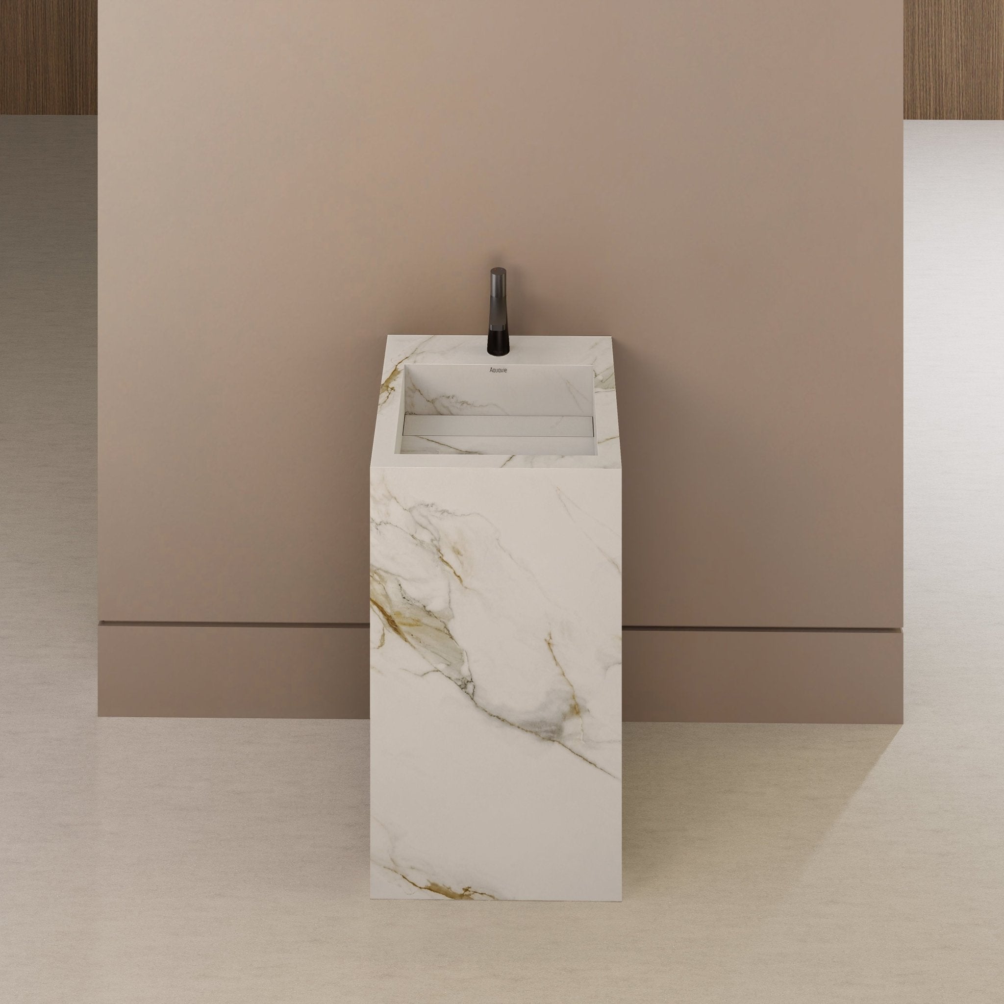 Monolithic Freestanding Pedestal Sink | Calacatta Gold Sintered Stone Ramp Basin with Hidden Drain -Vanity1 Hole (Deck-Mount)