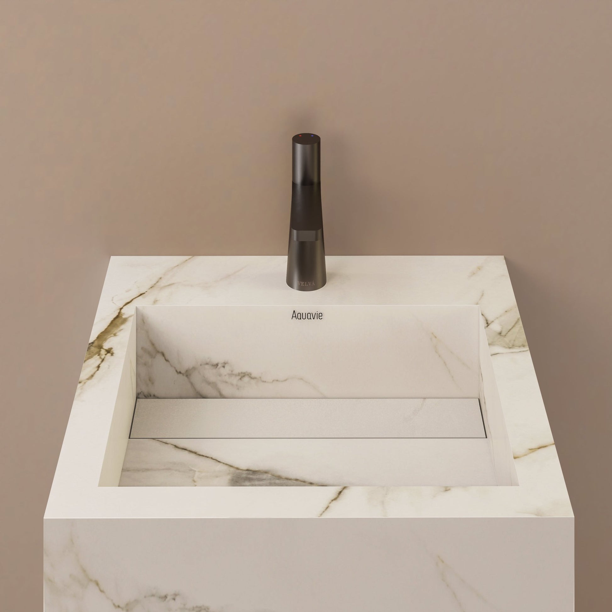 Monolithic Freestanding Pedestal Sink | Calacatta Gold Sintered Stone Ramp Basin with Hidden Drain -Vanity1 Hole (Deck-Mount)