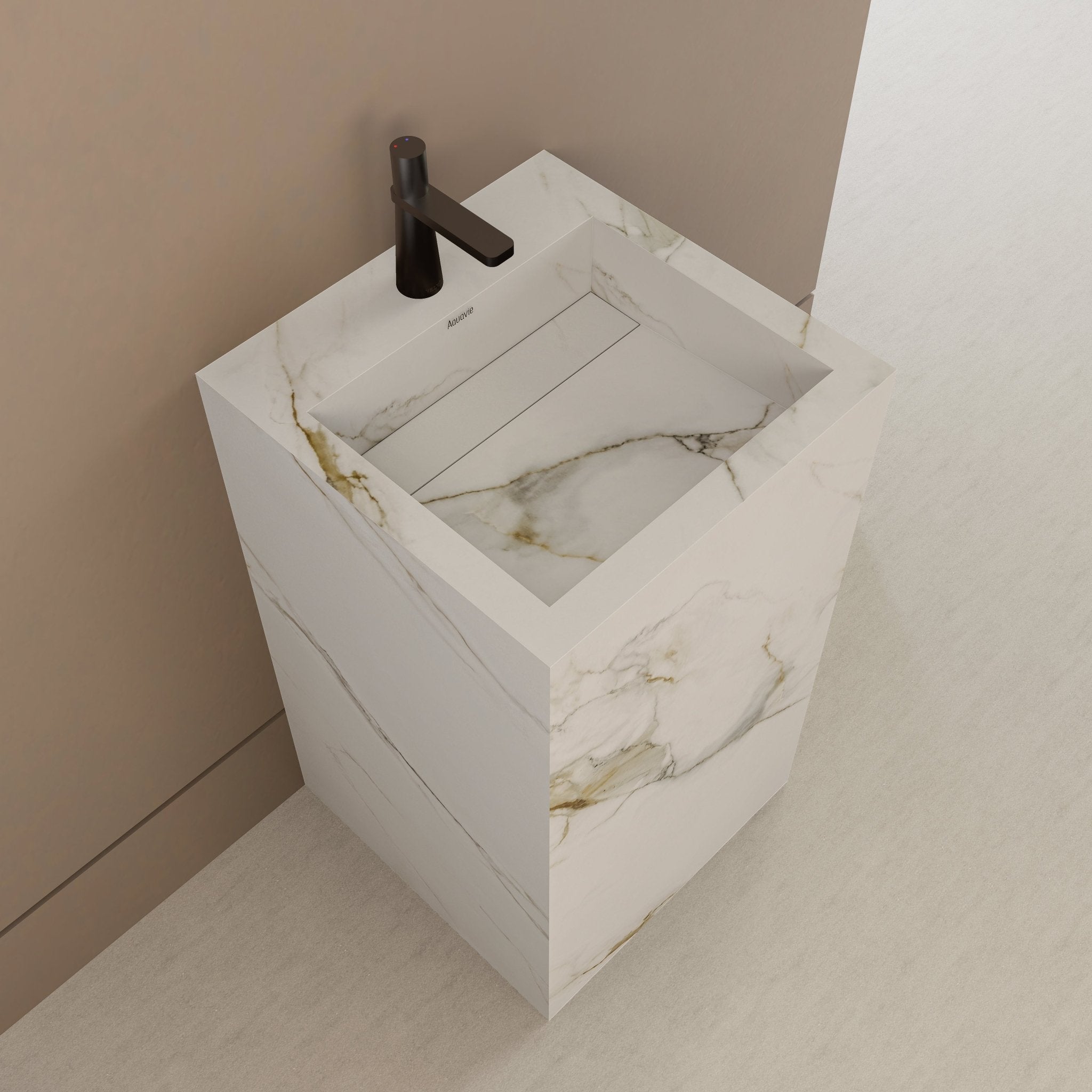 Monolithic Freestanding Pedestal Sink | Calacatta Gold Sintered Stone Ramp Basin with Hidden Drain -Vanity1 Hole (Deck-Mount)