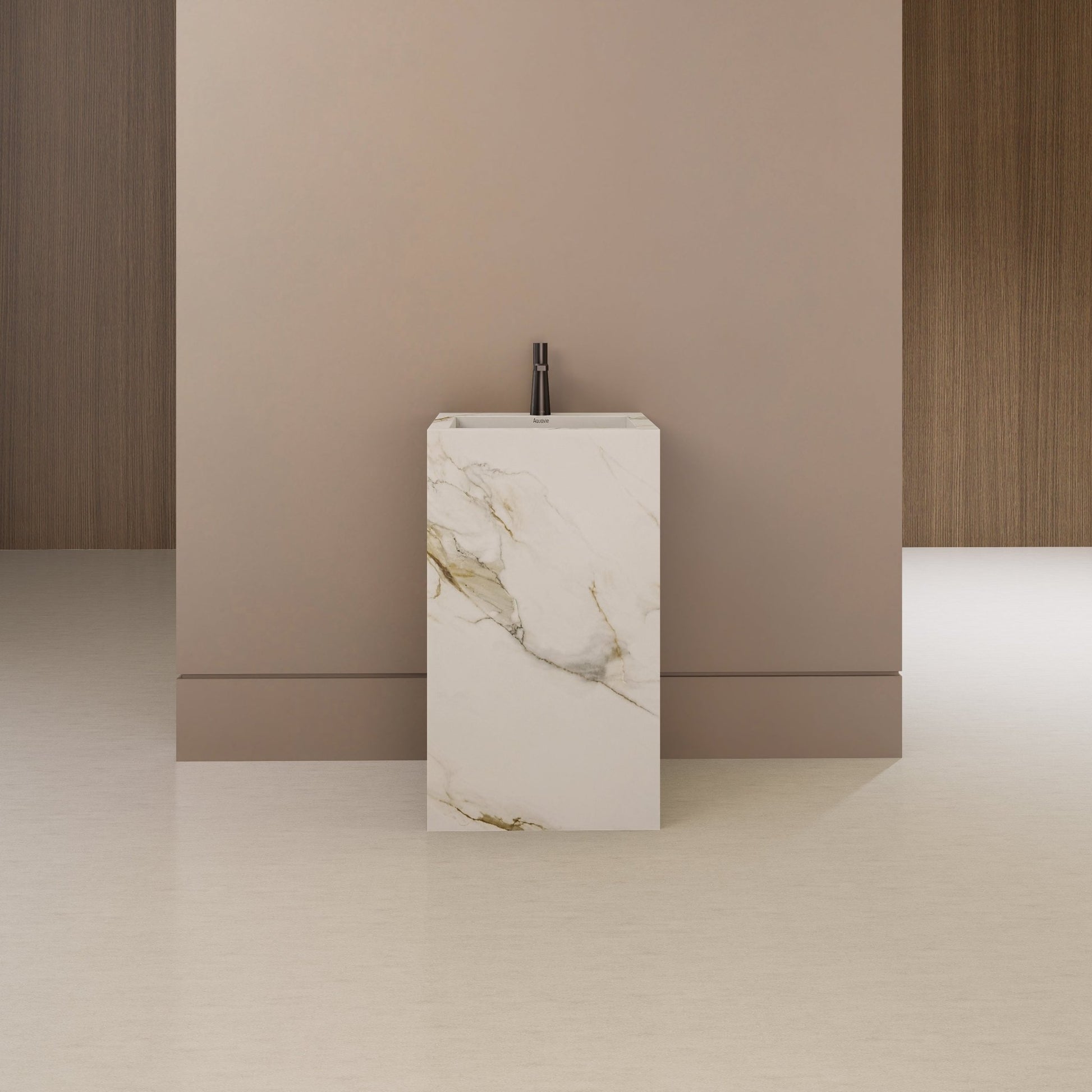 Monolithic Freestanding Pedestal Sink | Calacatta Gold Sintered Stone Ramp Basin with Hidden Drain -Vanity1 Hole (Deck-Mount)