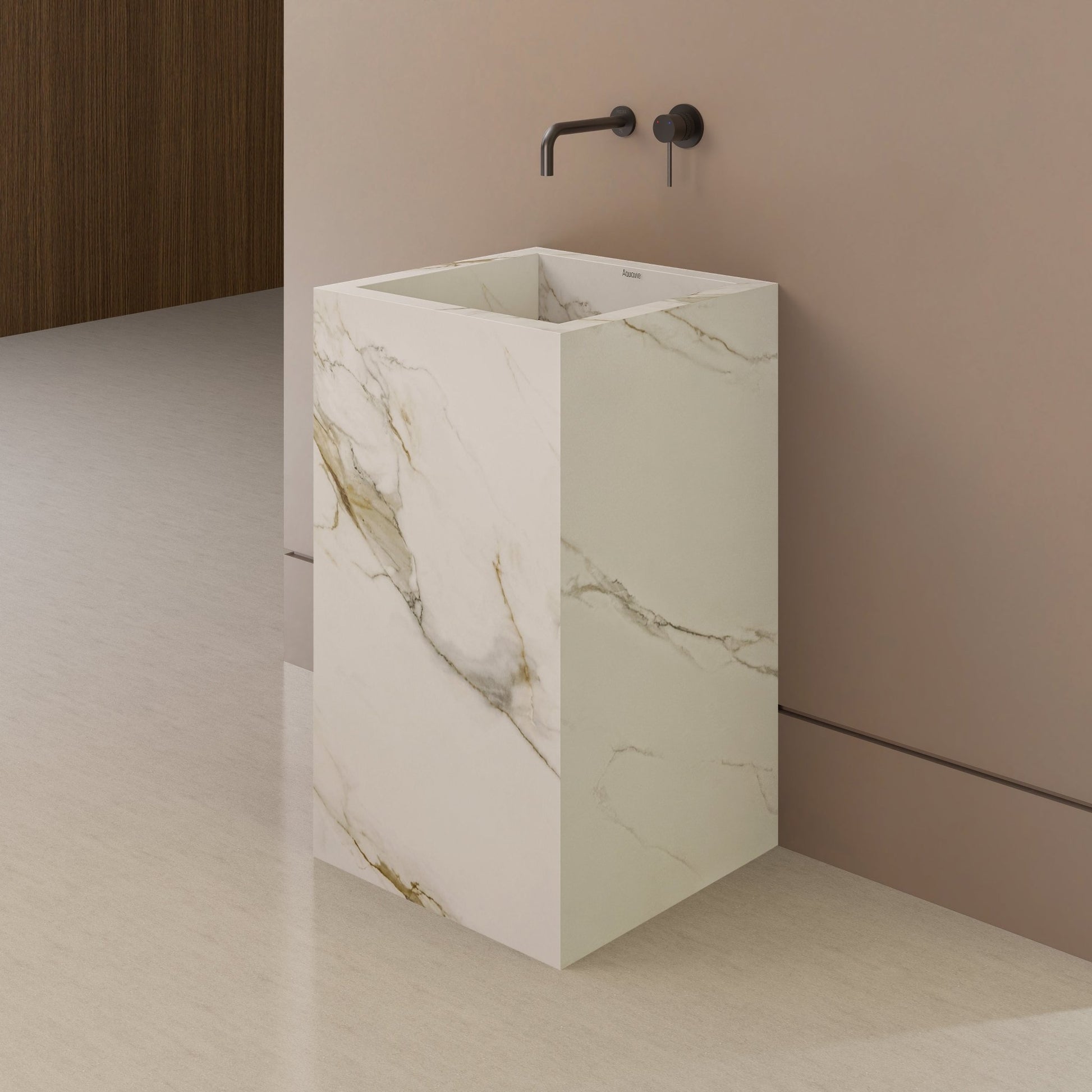 Monolithic Freestanding Pedestal Sink | Calacatta Gold Sintered Stone Ramp Basin with Hidden Drain -VanityNo Hole (Wall-Mount)
