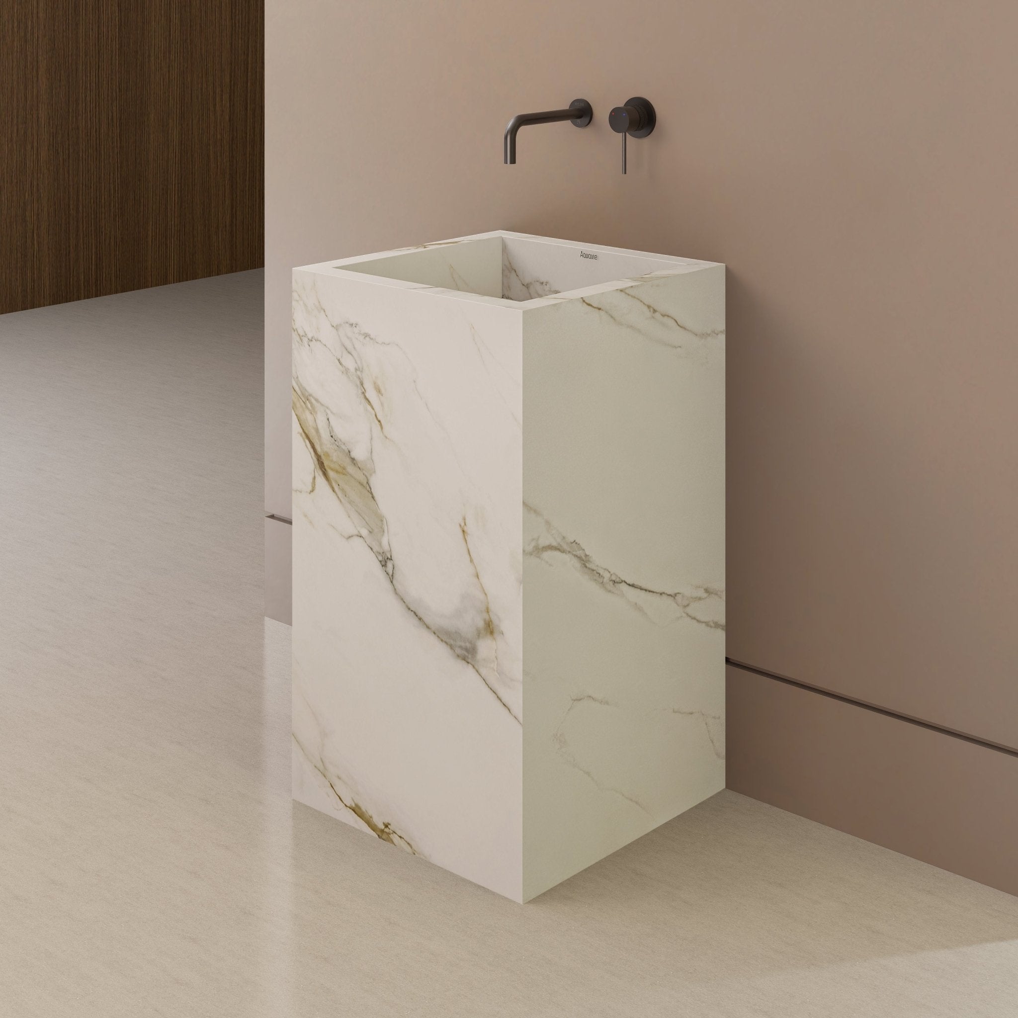 Monolithic Freestanding Pedestal Sink | Calacatta Gold Sintered Stone Ramp Basin with Hidden Drain -VanityNo Hole (Wall-Mount)