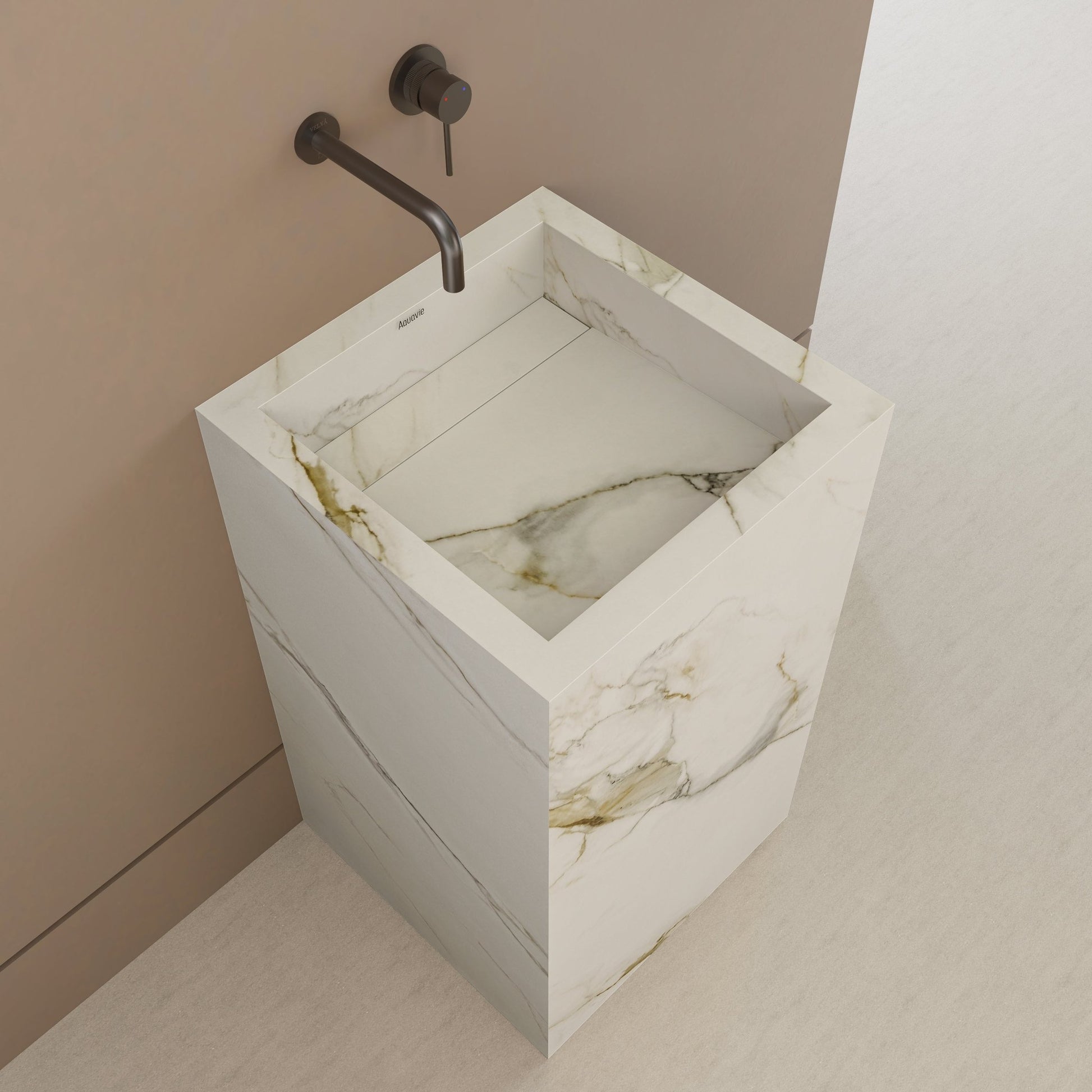 Monolithic Freestanding Pedestal Sink | Calacatta Gold Sintered Stone Ramp Basin with Hidden Drain -VanityNo Hole (Wall-Mount)
