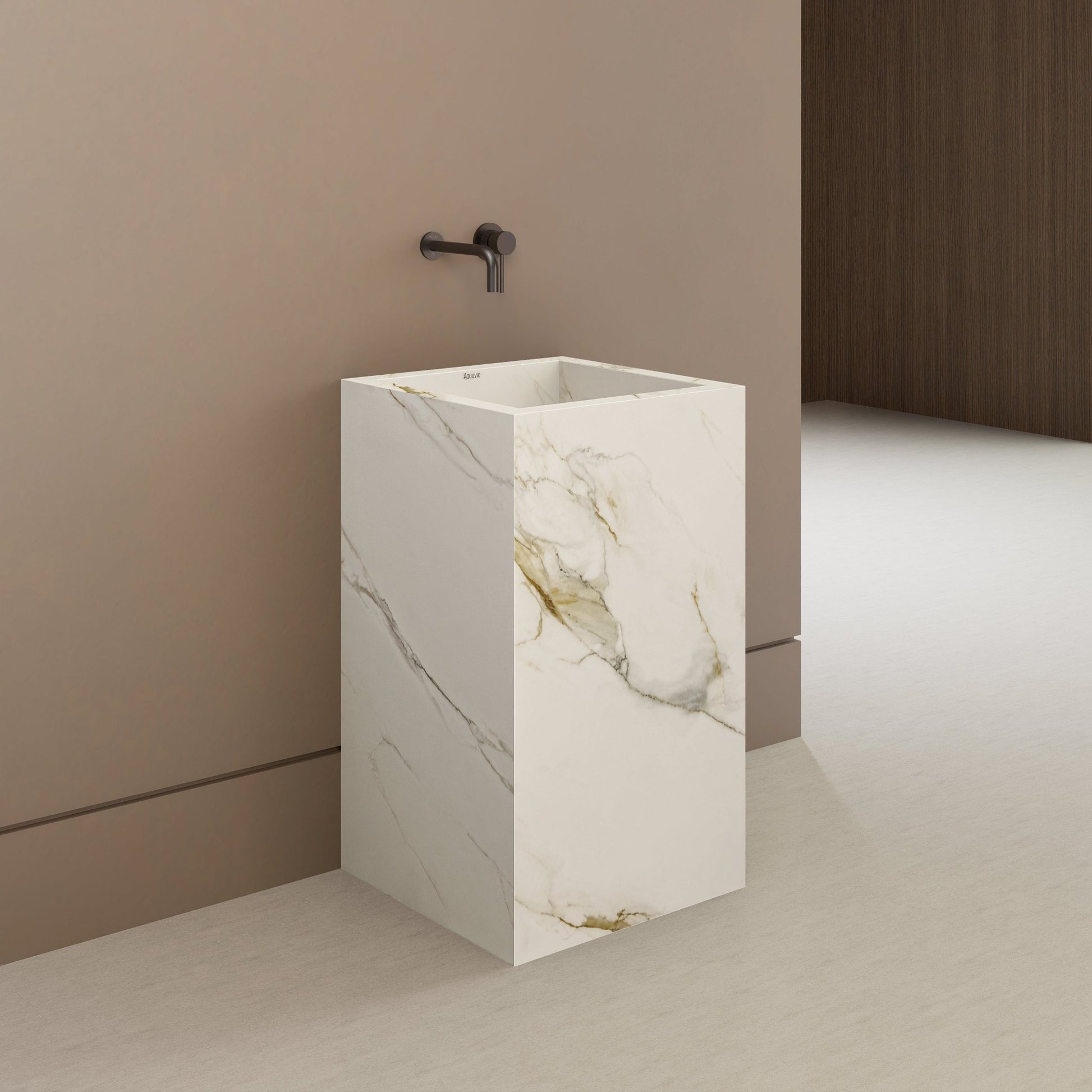 Monolithic Freestanding Pedestal Sink | Calacatta Gold Sintered Stone Ramp Basin with Hidden Drain -VanityNo Hole (Wall-Mount)