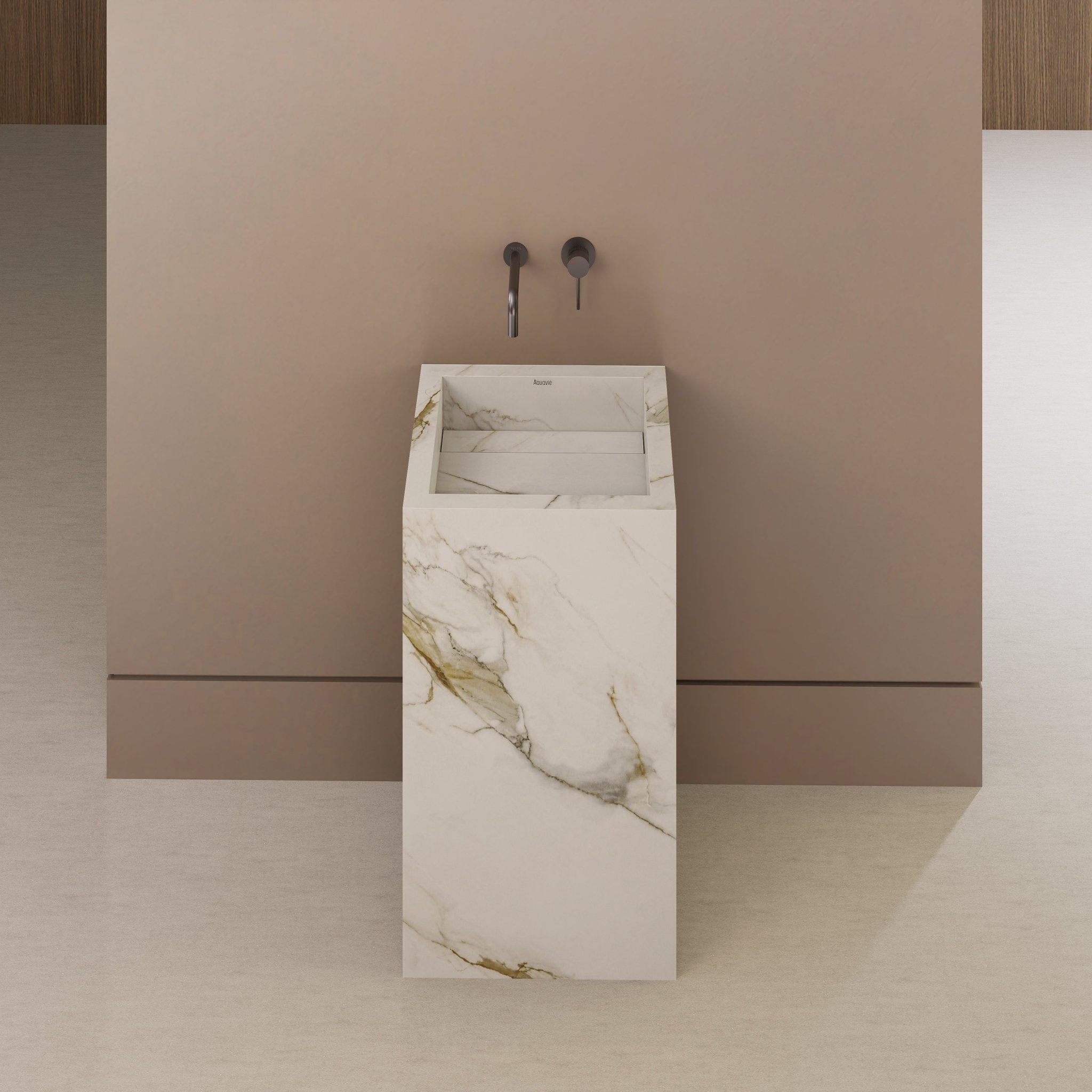 Monolithic Freestanding Pedestal Sink | Calacatta Gold Sintered Stone Ramp Basin with Hidden Drain -VanityNo Hole (Wall-Mount)