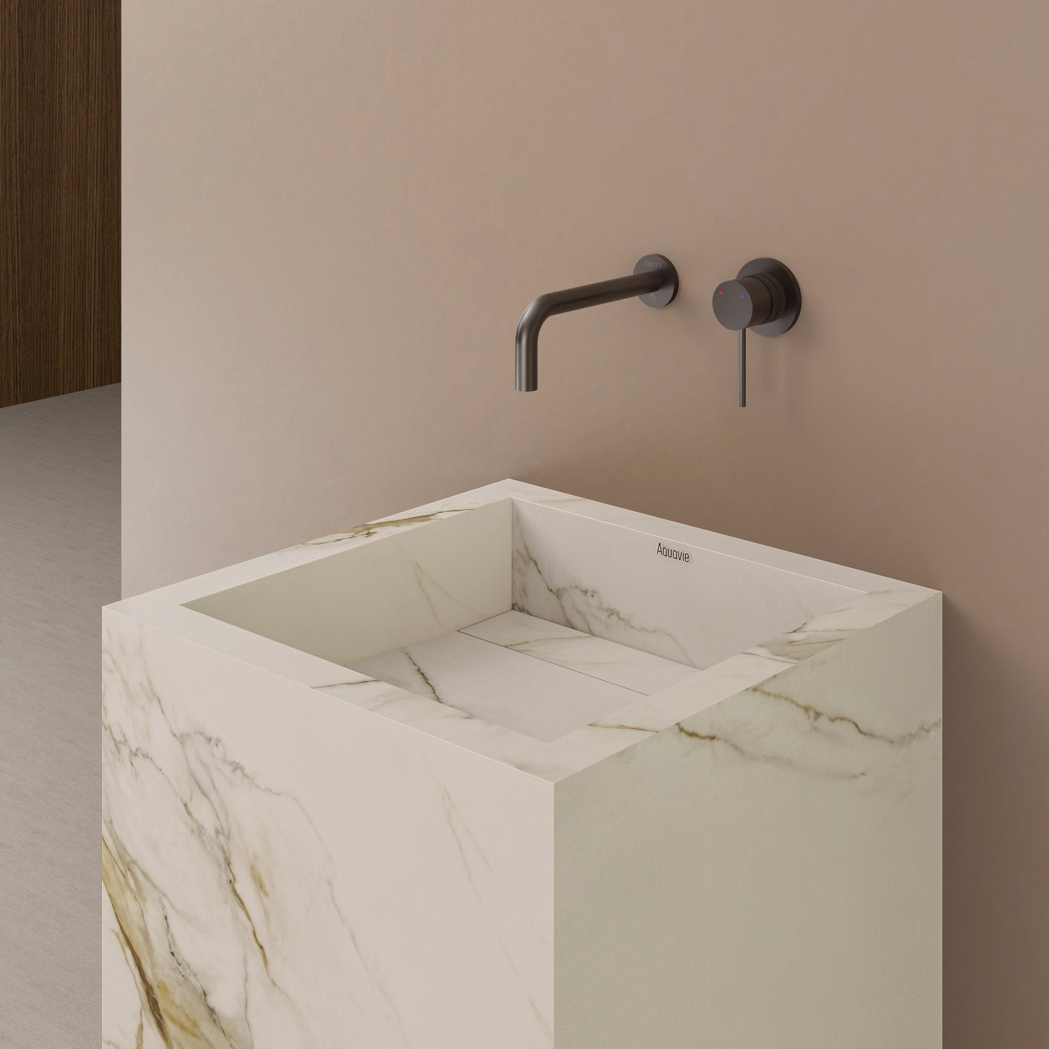 Monolithic Freestanding Pedestal Sink | Calacatta Gold Sintered Stone Ramp Basin with Hidden Drain -VanityNo Hole (Wall-Mount)