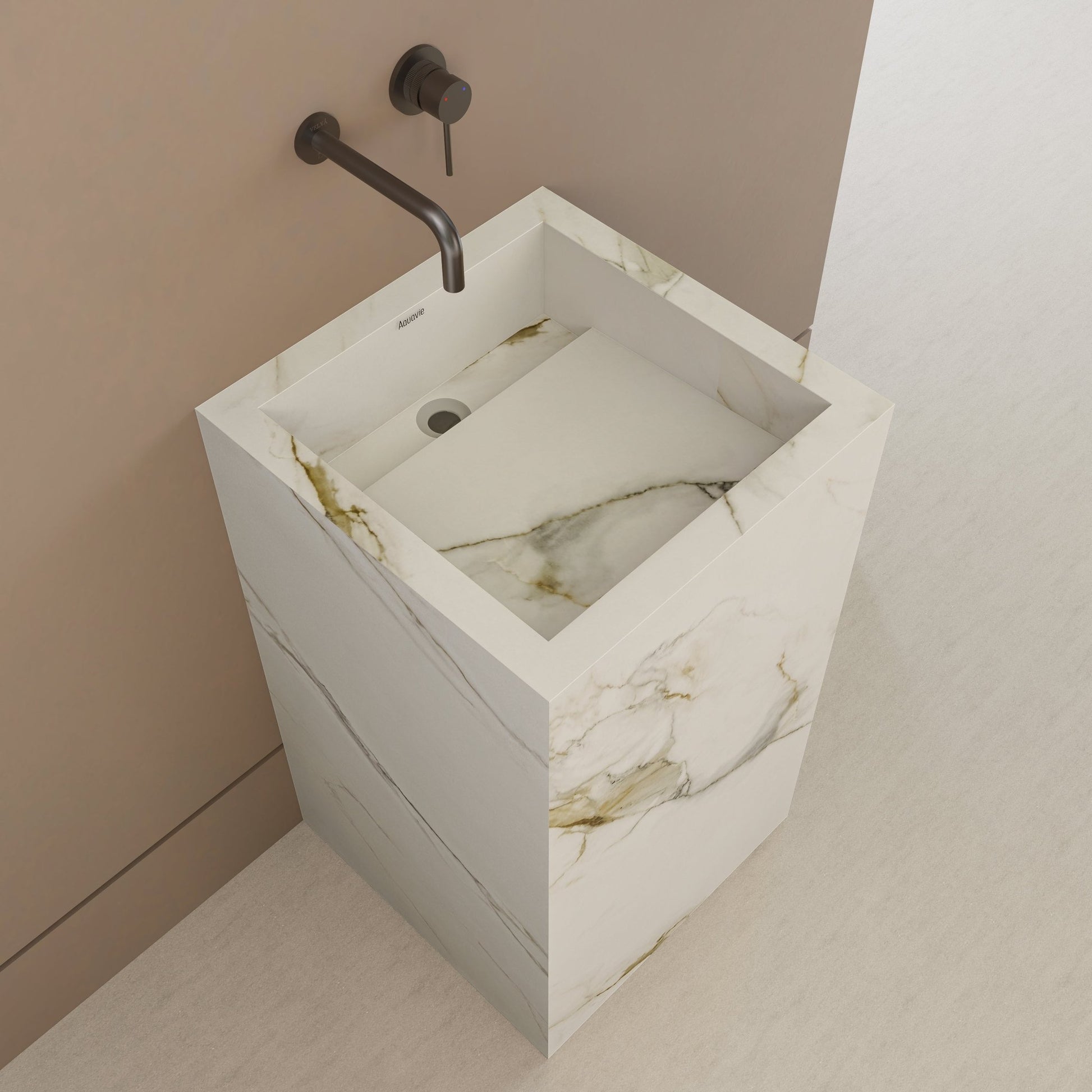 Monolithic Freestanding Pedestal Sink | Calacatta Gold Sintered Stone Ramp Basin with Hidden Drain -VanityNo Hole (Wall-Mount)