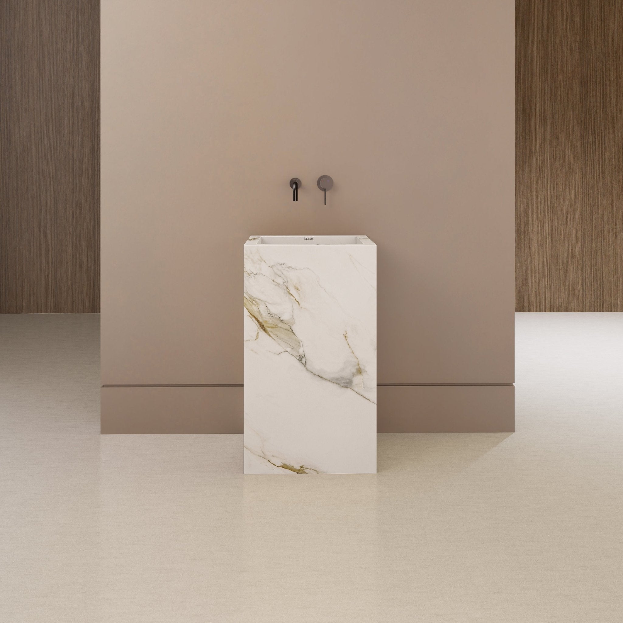 Monolithic Freestanding Pedestal Sink | Calacatta Gold Sintered Stone Ramp Basin with Hidden Drain -VanityNo Hole (Wall-Mount)