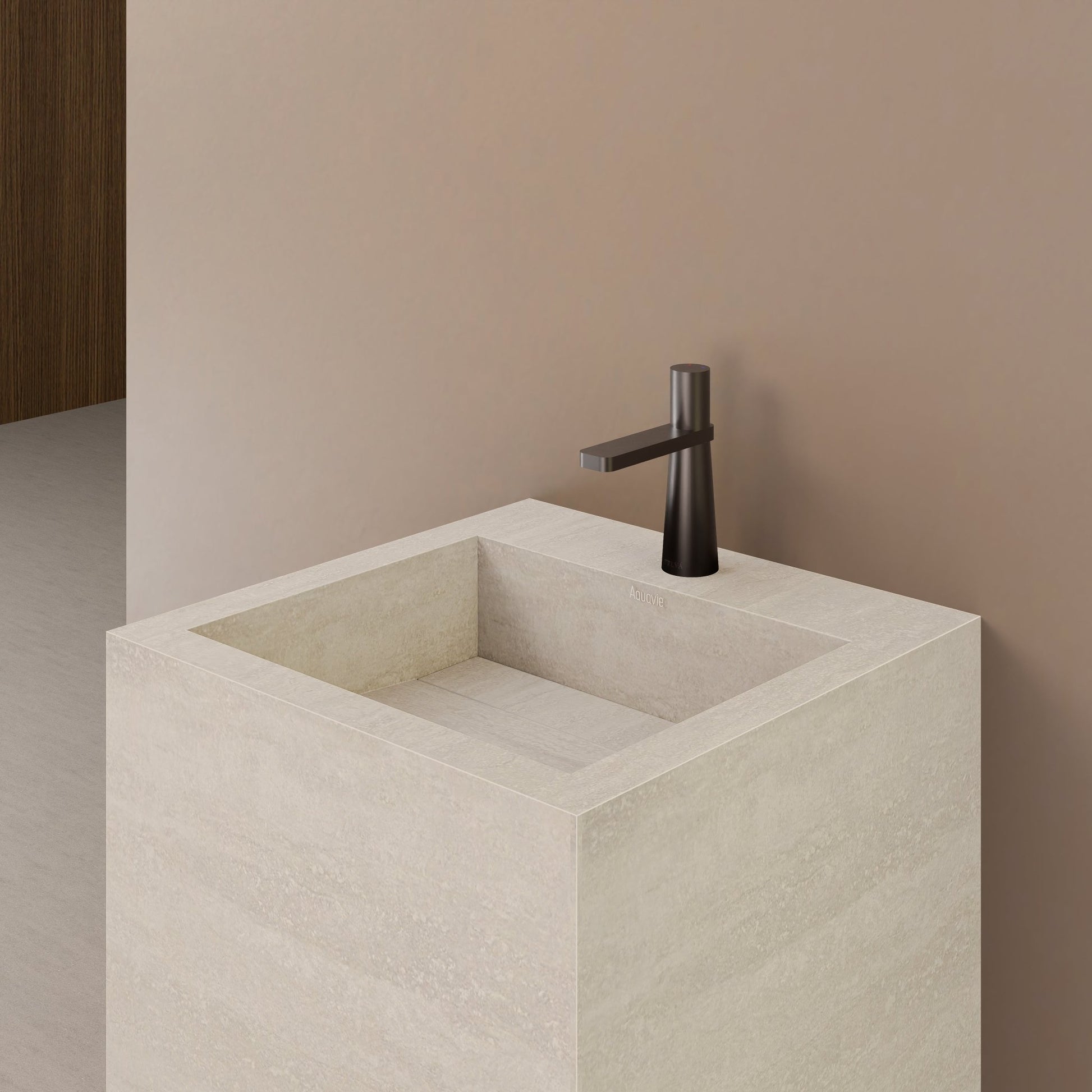 Monolithic Freestanding Pedestal Sink | Ivory Sand Sintered Stone Ramp Basin with Hidden Drain -Vanity1 Hole (Deck-Mount)