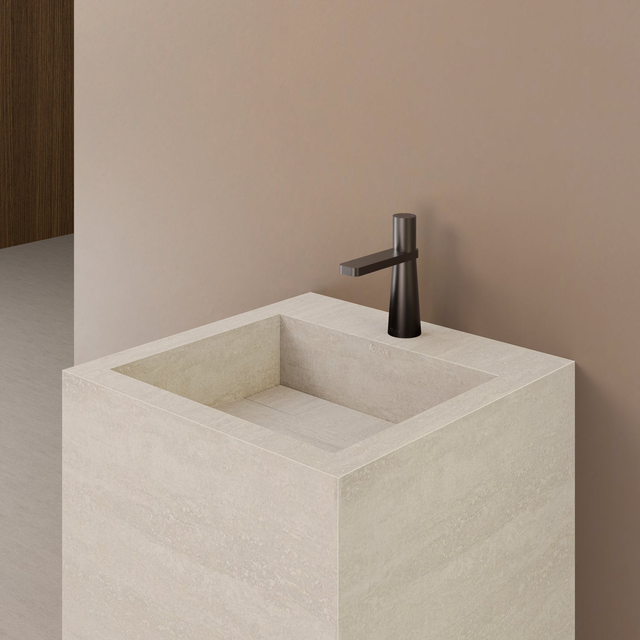 Monolithic Freestanding Pedestal Sink | Ivory Sand Sintered Stone Ramp Basin with Hidden Drain -Vanity1 Hole (Deck-Mount)