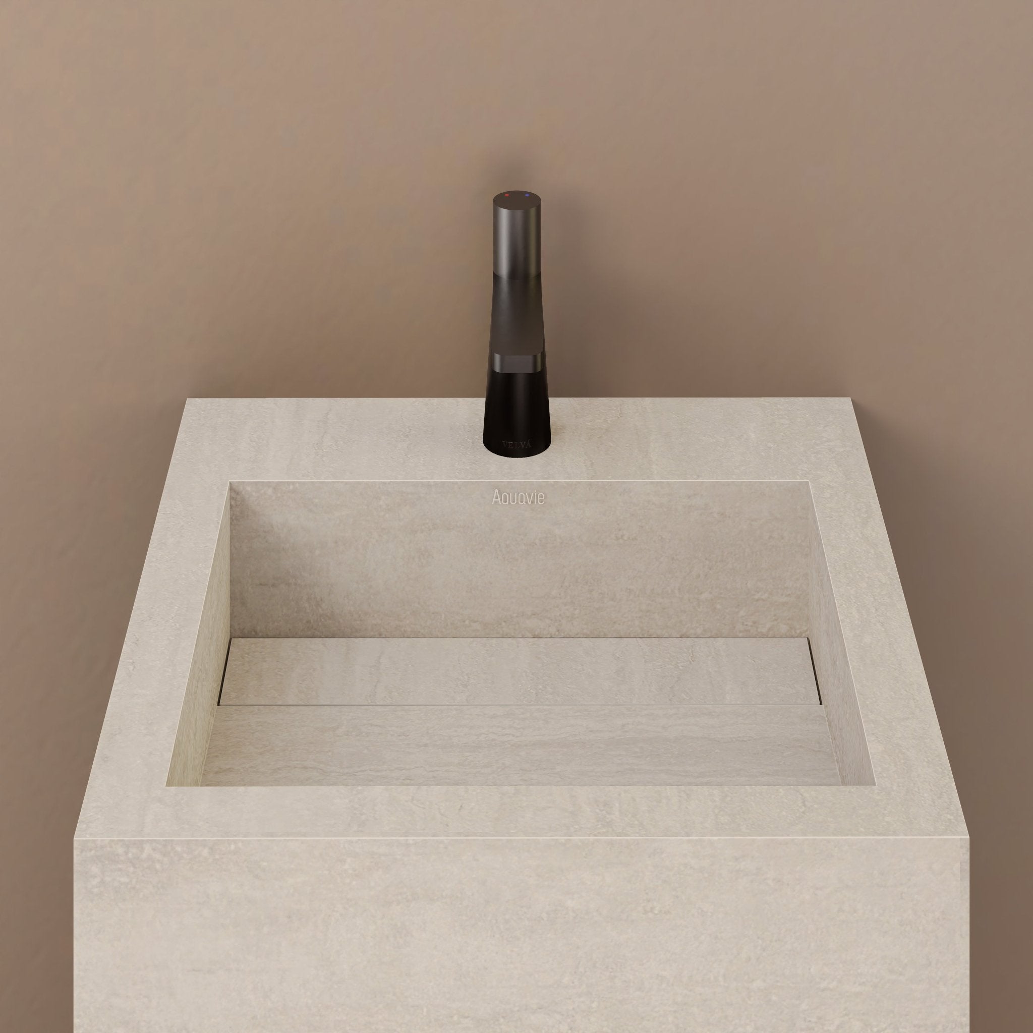 Monolithic Freestanding Pedestal Sink | Ivory Sand Sintered Stone Ramp Basin with Hidden Drain -Vanity1 Hole (Deck-Mount)