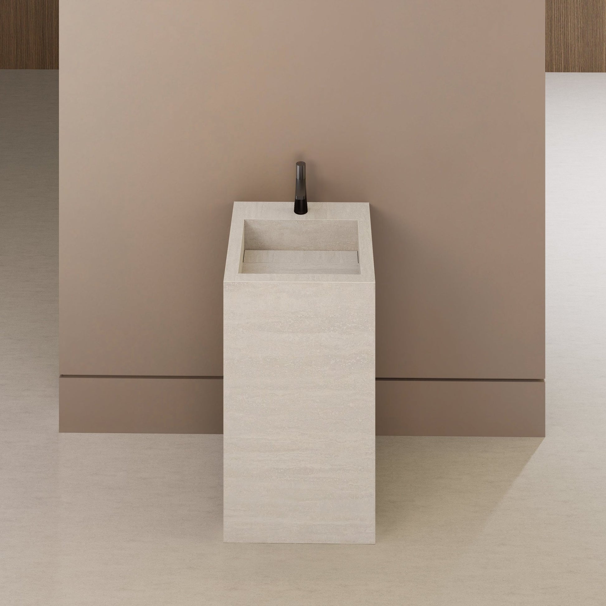 Monolithic Freestanding Pedestal Sink | Ivory Sand Sintered Stone Ramp Basin with Hidden Drain -Vanity1 Hole (Deck-Mount)