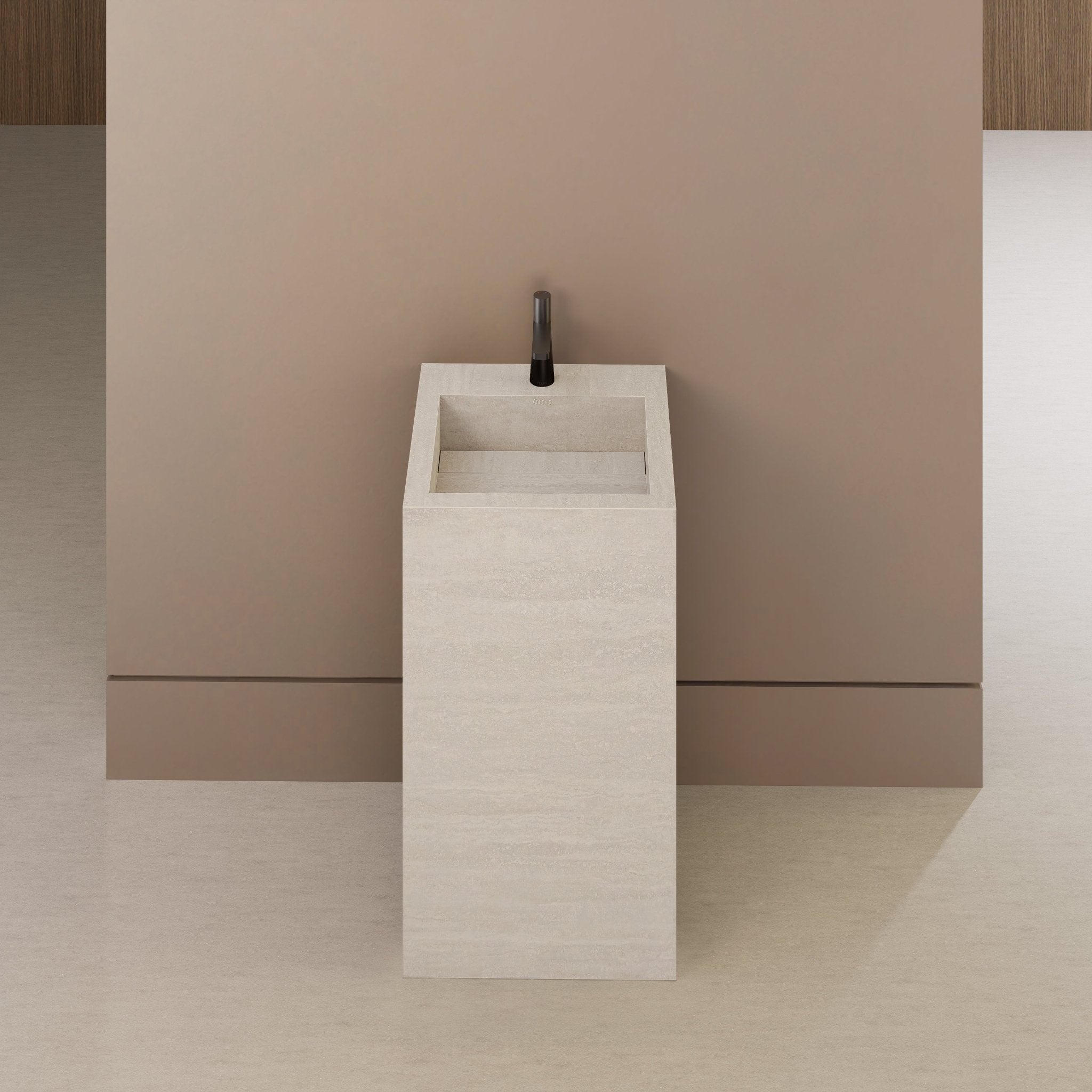 Monolithic Freestanding Pedestal Sink | Ivory Sand Sintered Stone Ramp Basin with Hidden Drain -Vanity1 Hole (Deck-Mount)