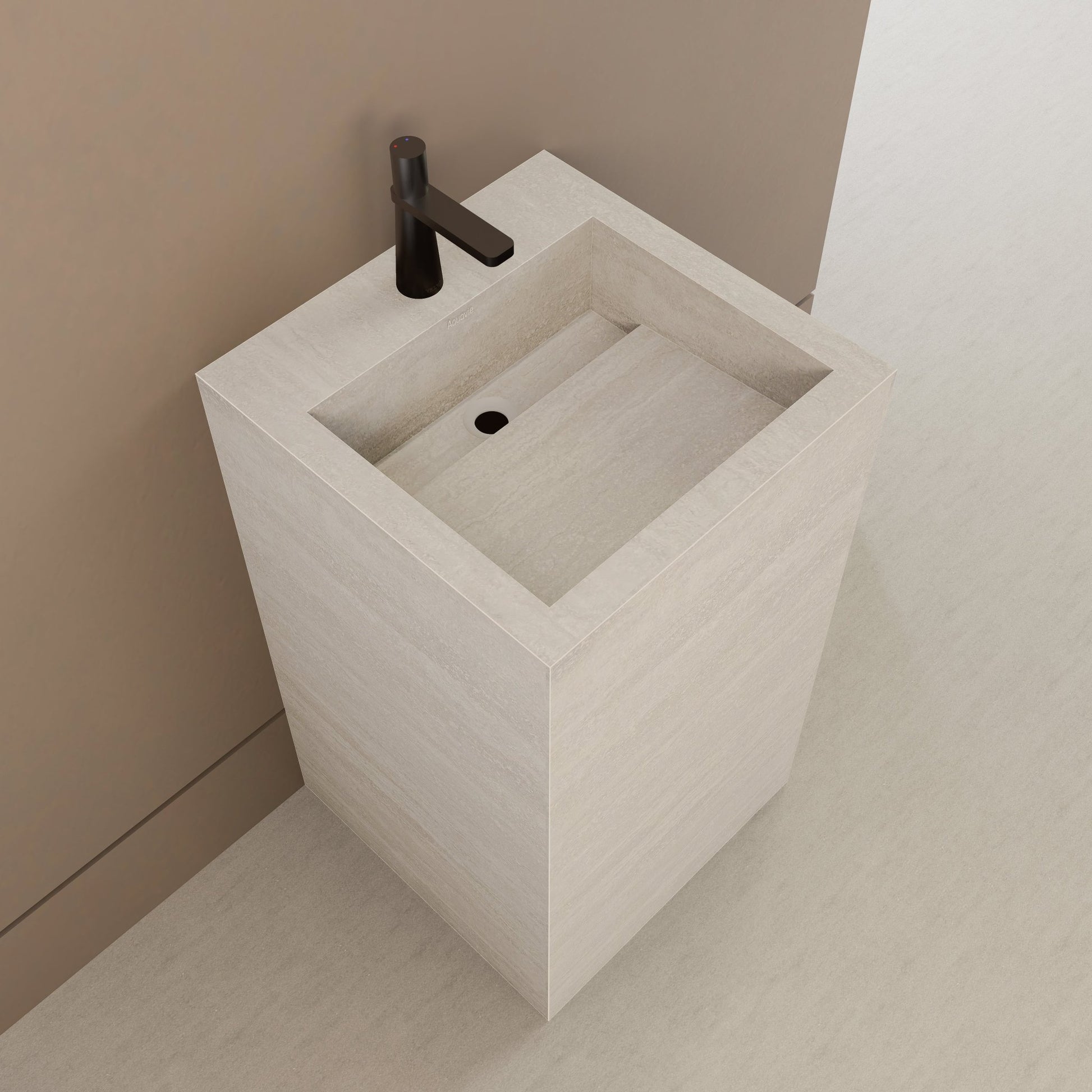 Monolithic Freestanding Pedestal Sink | Ivory Sand Sintered Stone Ramp Basin with Hidden Drain -Vanity1 Hole (Deck-Mount)