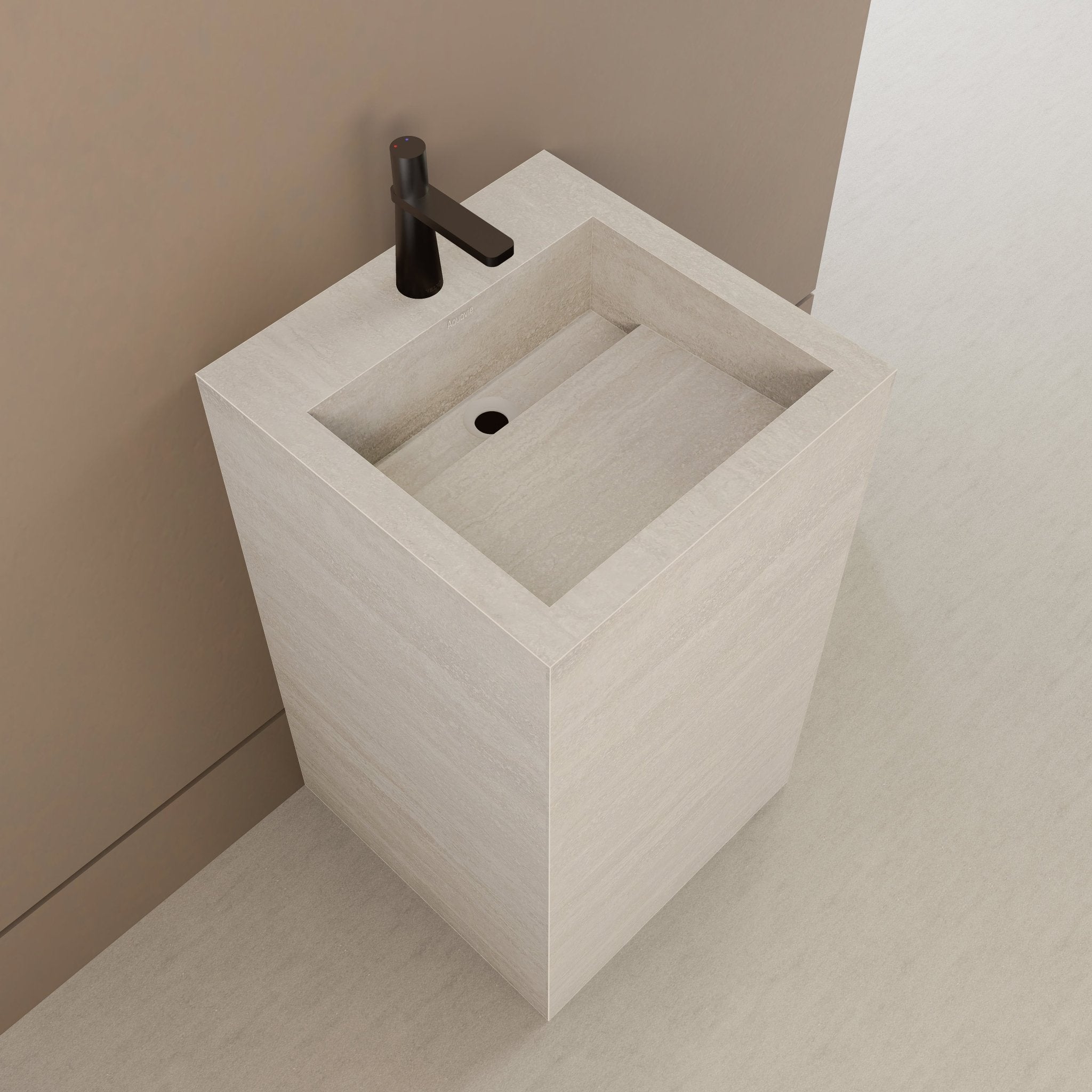 Monolithic Freestanding Pedestal Sink | Ivory Sand Sintered Stone Ramp Basin with Hidden Drain -Vanity1 Hole (Deck-Mount)