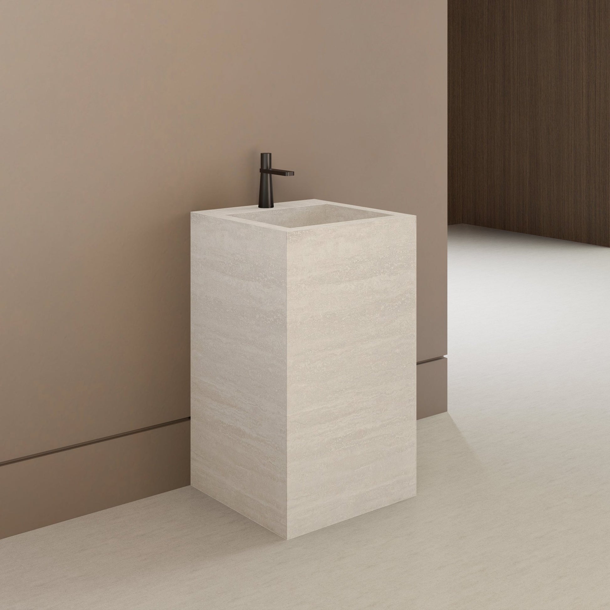 Monolithic Freestanding Pedestal Sink | Ivory Sand Sintered Stone Ramp Basin with Hidden Drain -Vanity1 Hole (Deck-Mount)