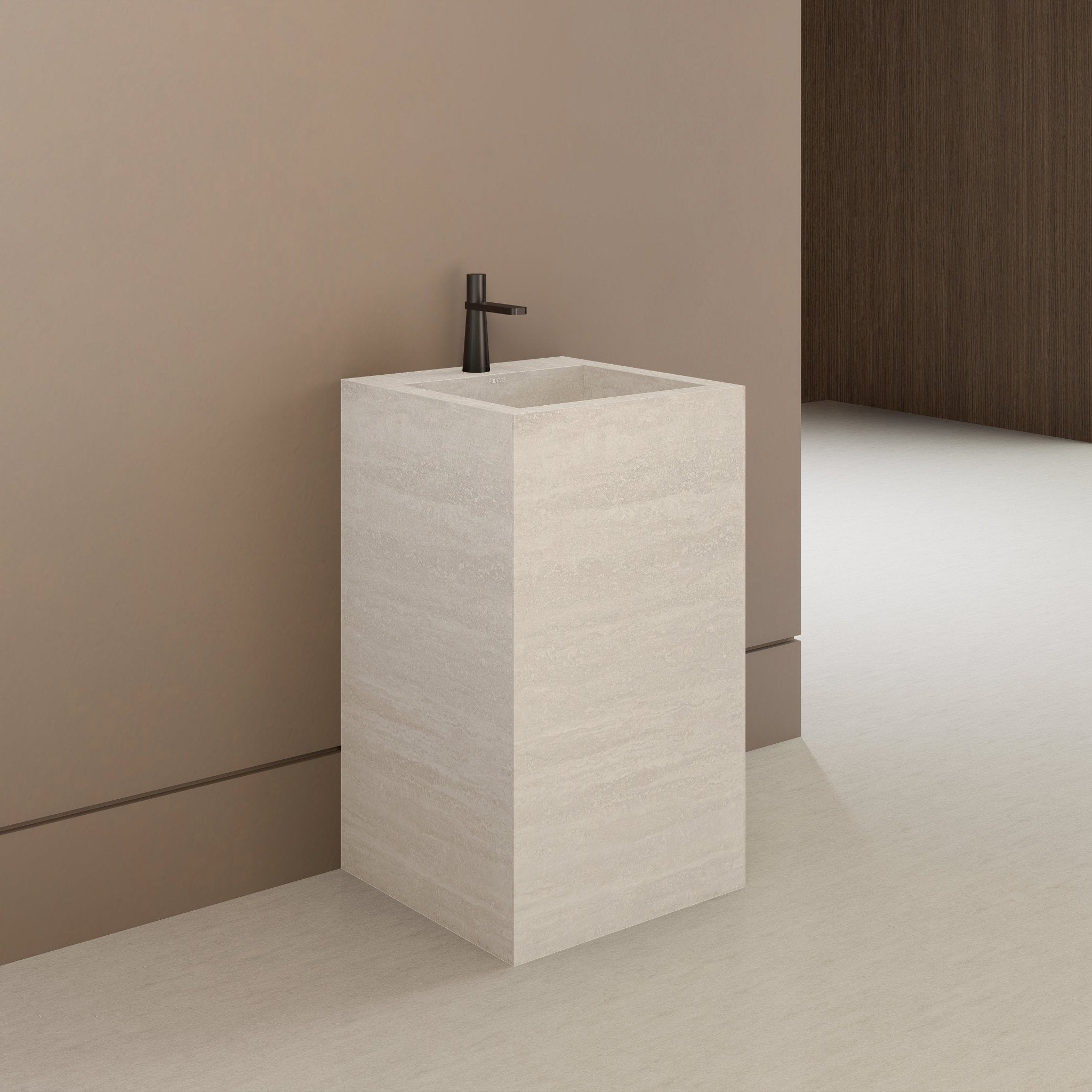 Monolithic Freestanding Pedestal Sink | Ivory Sand Sintered Stone Ramp Basin with Hidden Drain -Vanity1 Hole (Deck-Mount)
