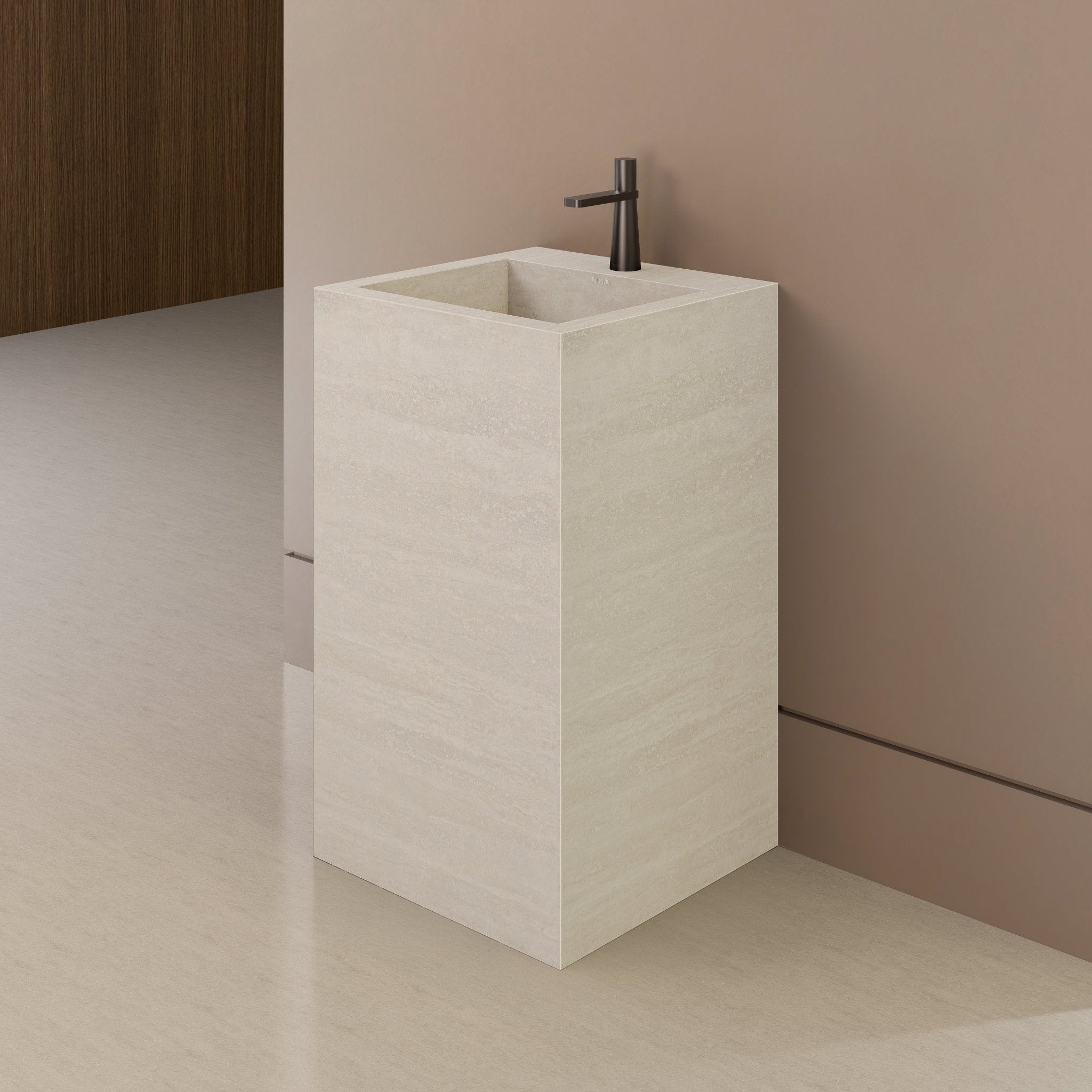 Monolithic Freestanding Pedestal Sink | Ivory Sand Sintered Stone Ramp Basin with Hidden Drain -Vanity1 Hole (Deck-Mount)