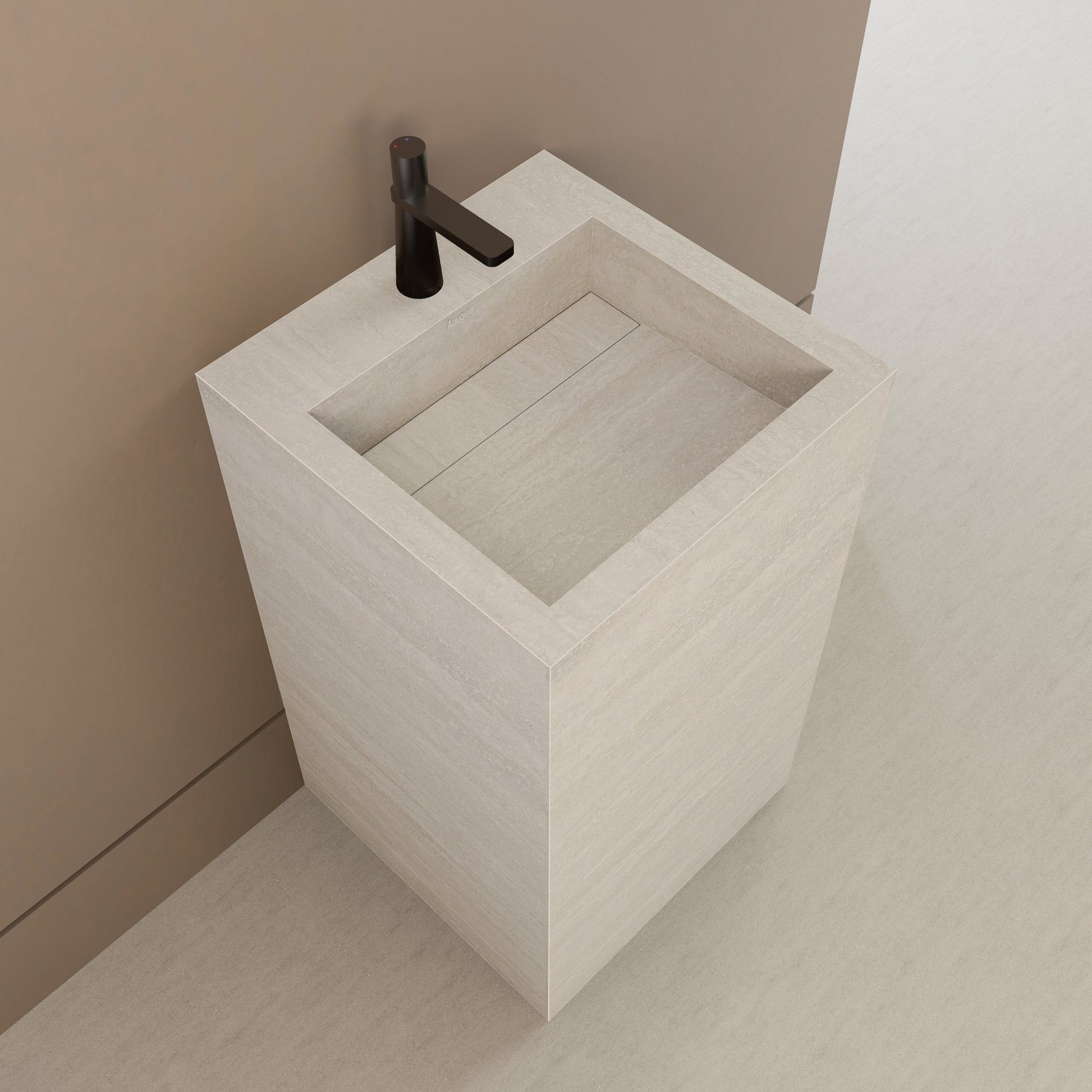 Monolithic Freestanding Pedestal Sink | Ivory Sand Sintered Stone Ramp Basin with Hidden Drain -Vanity1 Hole (Deck-Mount)