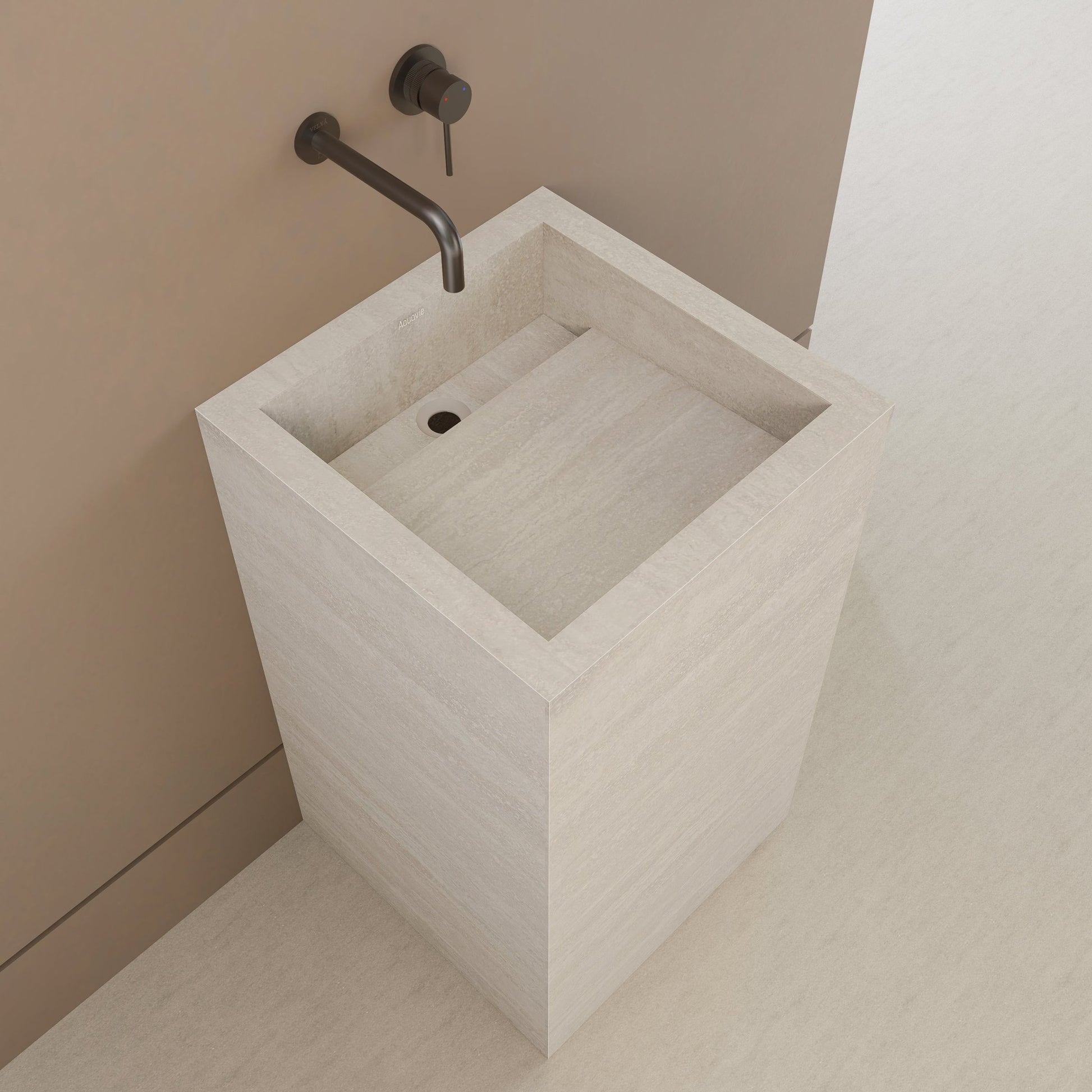 Monolithic Freestanding Pedestal Sink | Ivory Sand Sintered Stone Ramp Basin with Hidden Drain -VanityNo Hole (Wall-Mount)